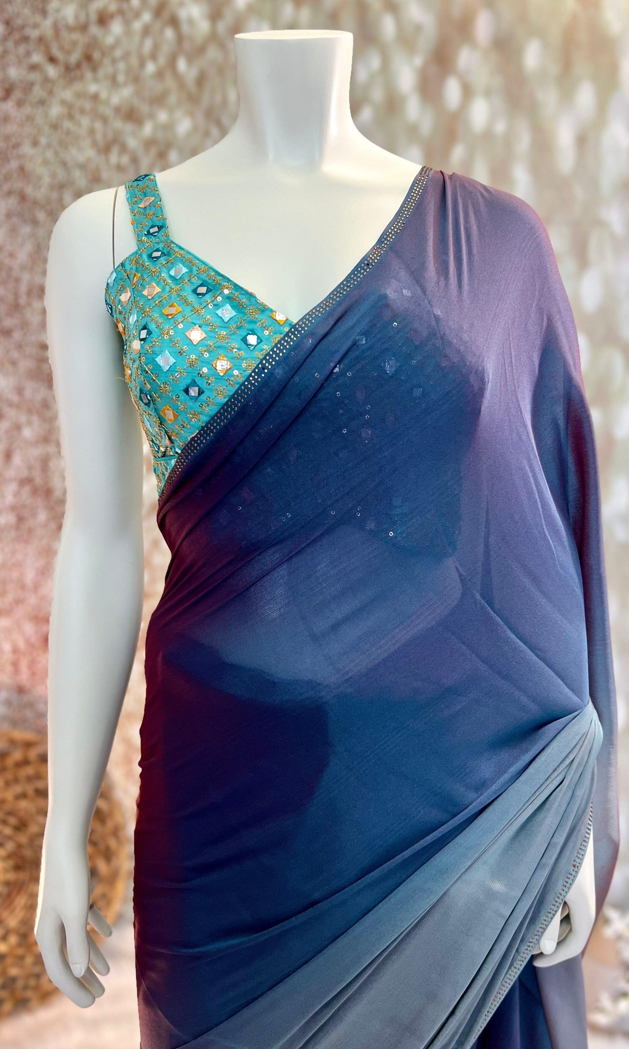 Blue Chiffon Shaded Saree with Stitched Blouse Swift Saree