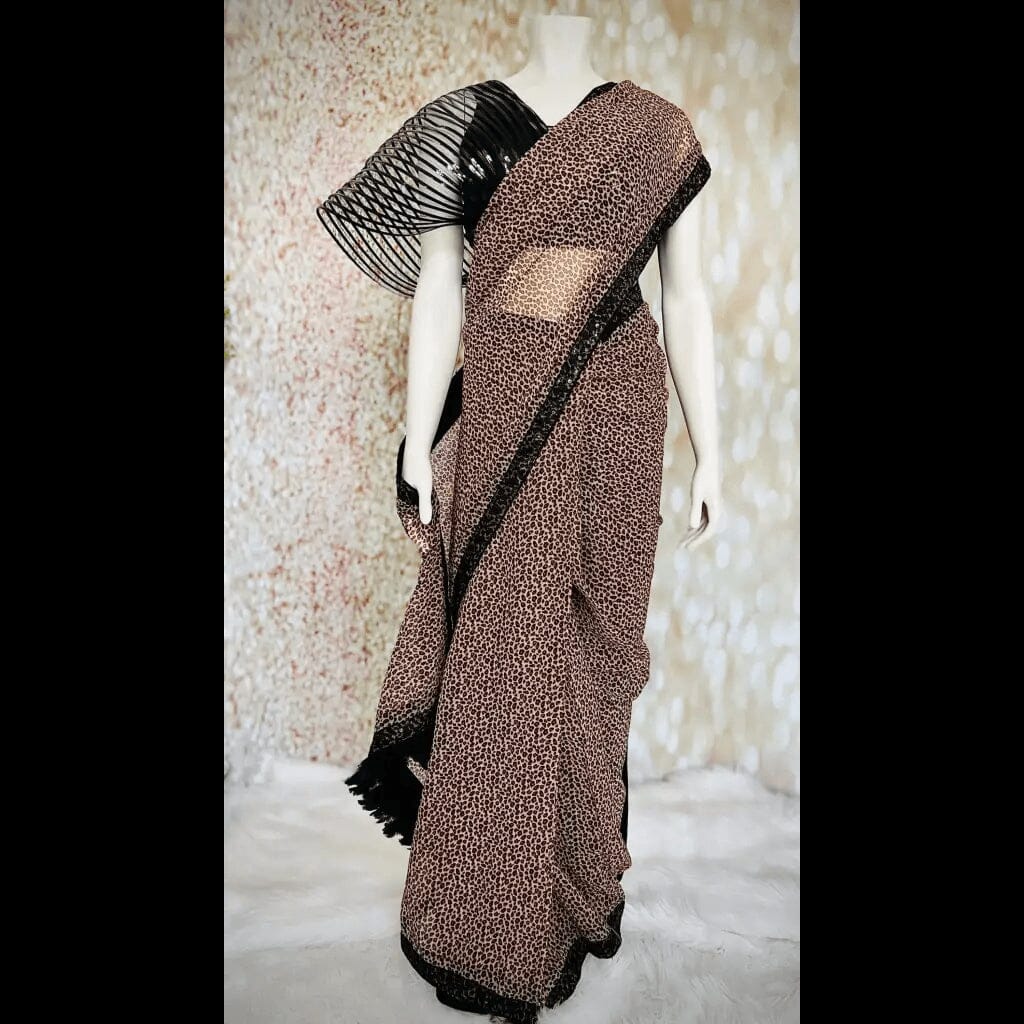 Brown & Black Georgette Ready Pleated Saree with Blouse Swift Saree