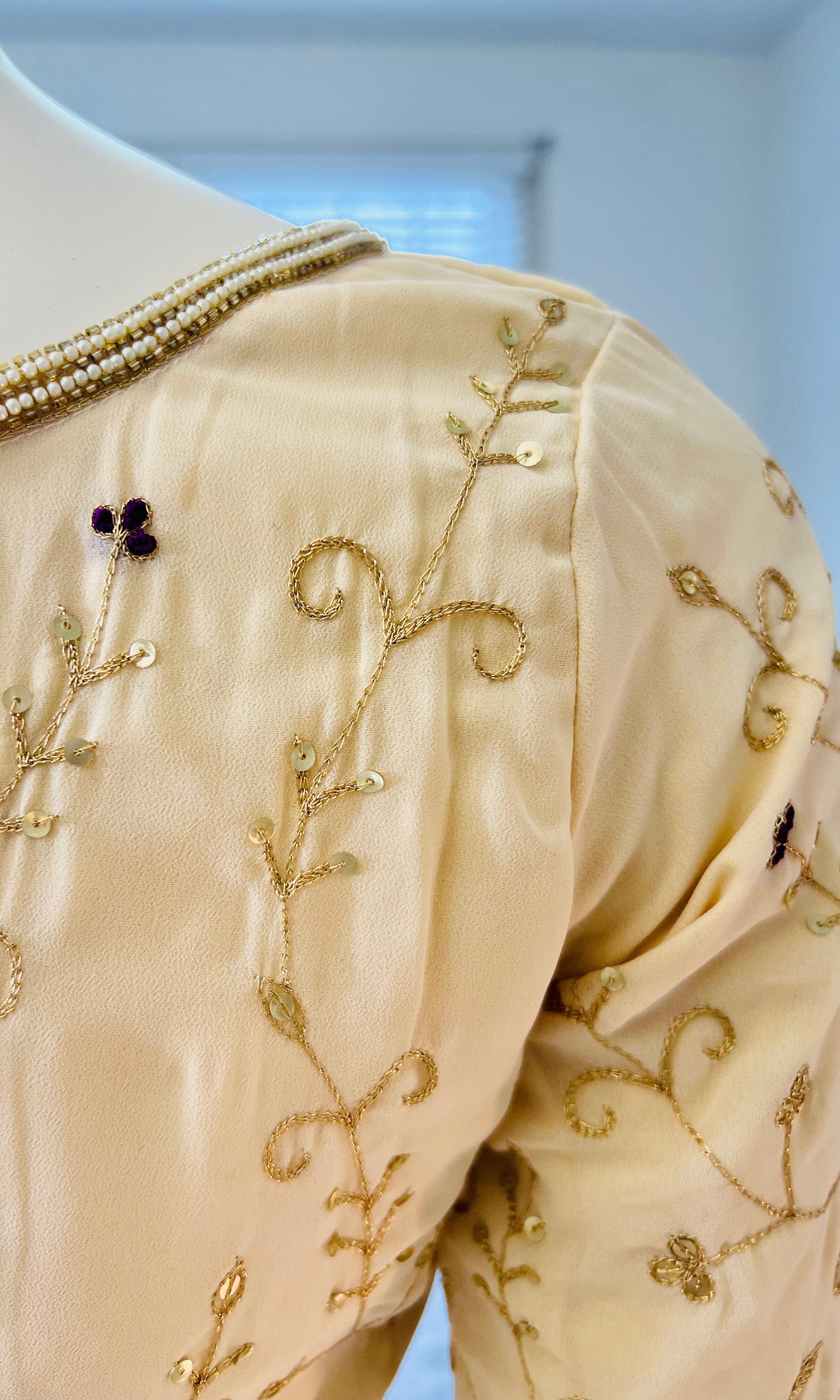 Cream Jaal Work Georgette Saree With Stitched Blouse Swift Saree