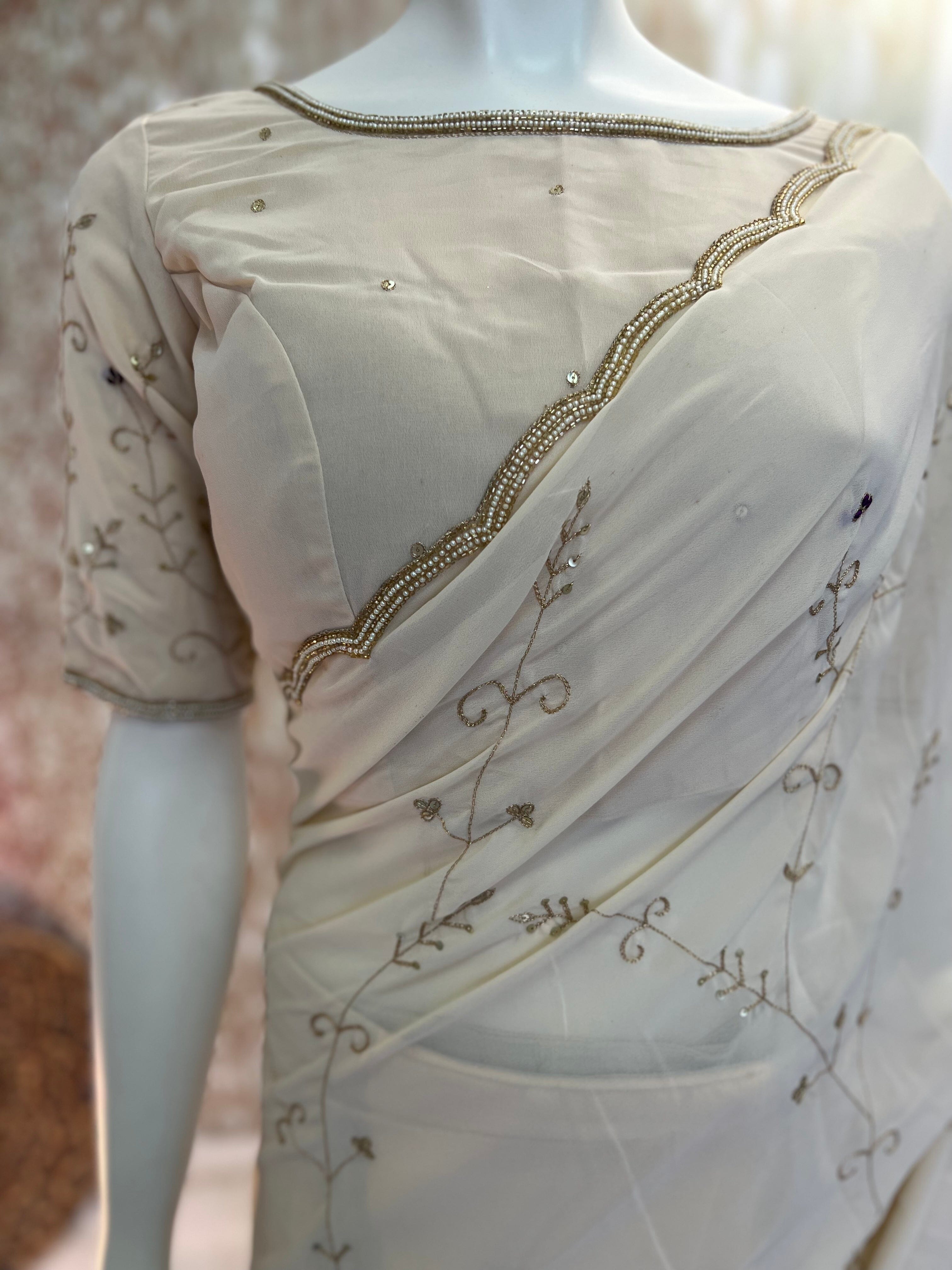 Cream Jaal Work Georgette Saree With Stitched Blouse Swift Saree
