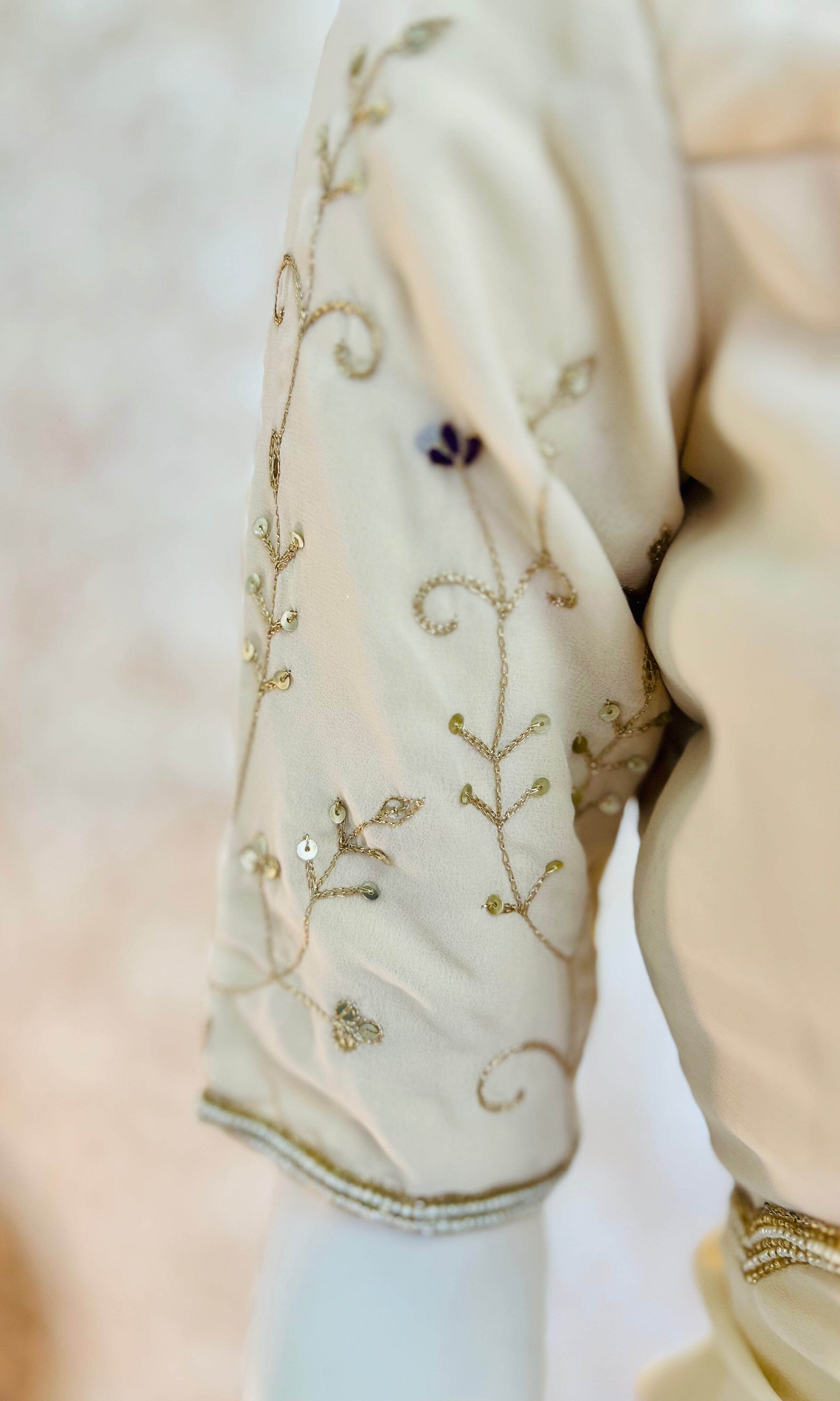 Cream Jaal Work Georgette Saree With Stitched Blouse Swift Saree