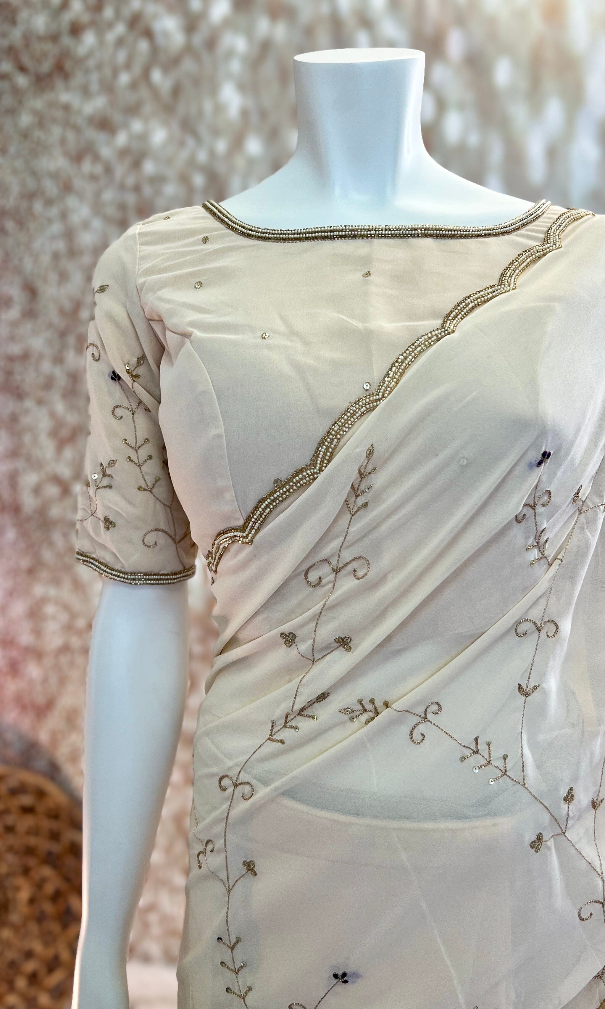 Cream Jaal Work Georgette Saree With Stitched Blouse Swift Saree