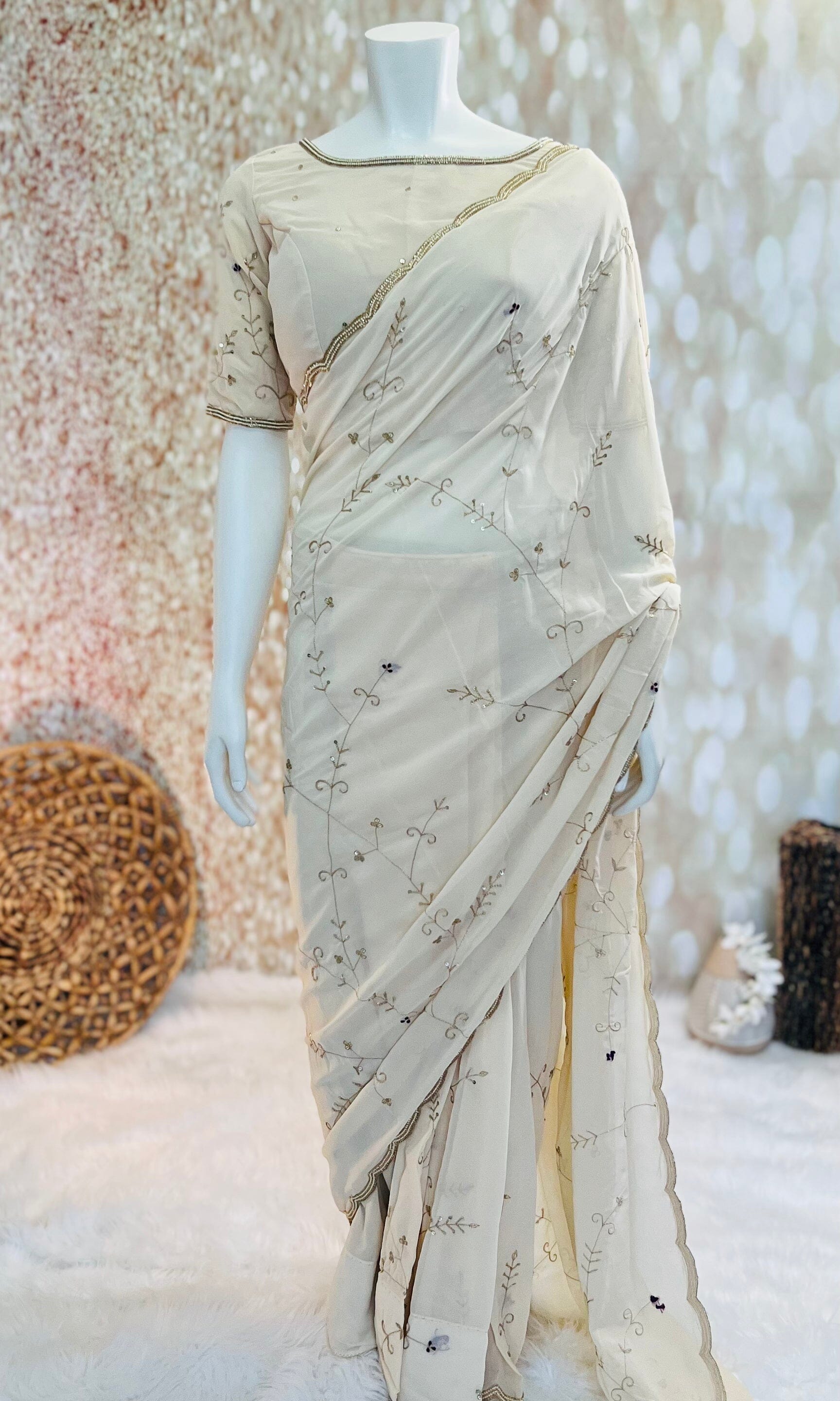 Cream Jaal Work Georgette Saree With Stitched Blouse Swift Saree