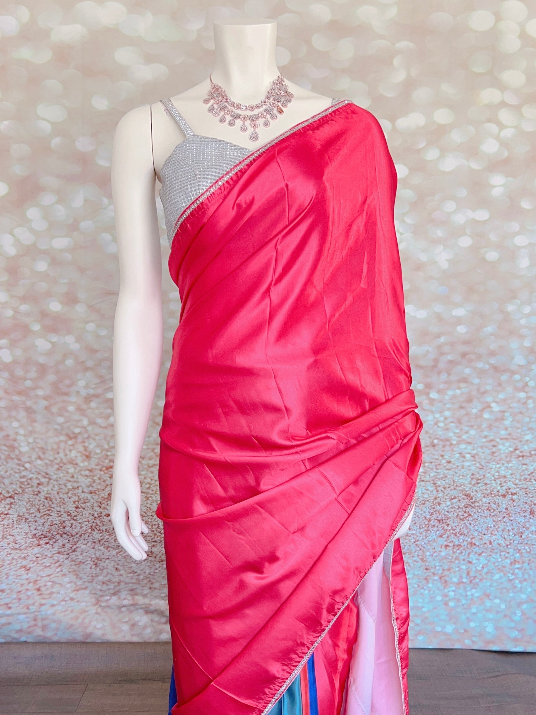 Elevate Your Style with a Multicolor Satin Pre-Stitch Saree & Blouse Set Swift Saree