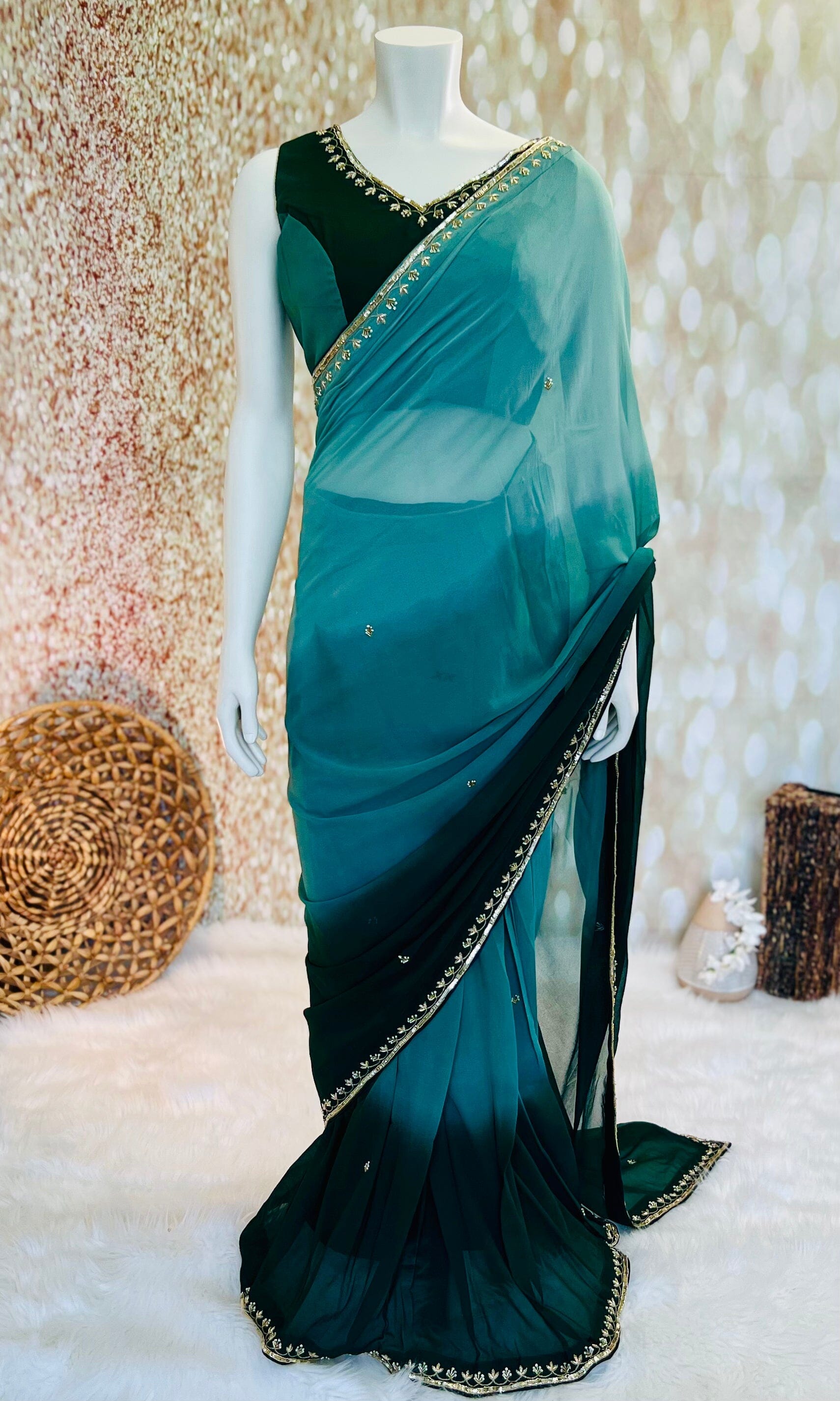 Green Shaded Georgette Saree with Stitched Blouse Swift Saree