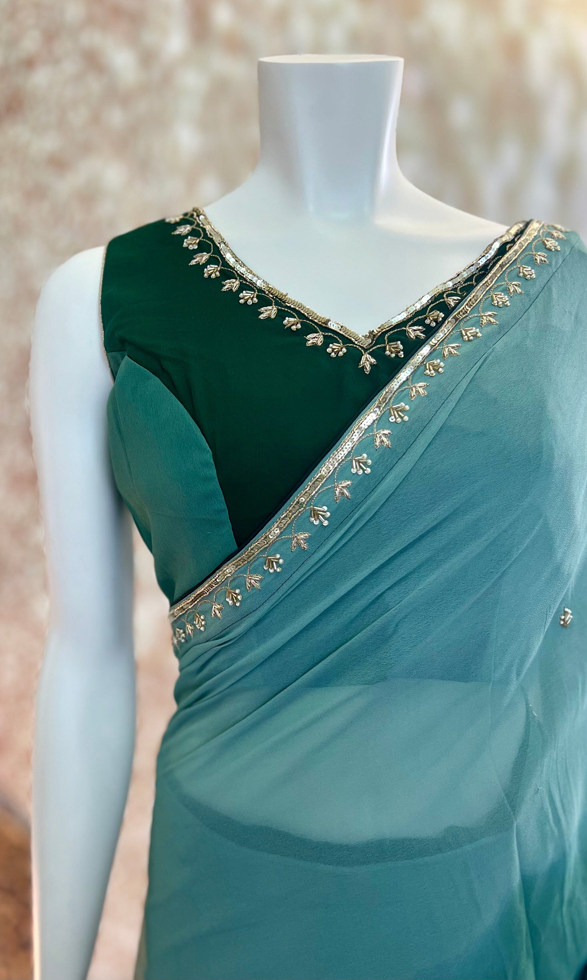 Green Shaded Georgette Saree with Stitched Blouse Swift Saree