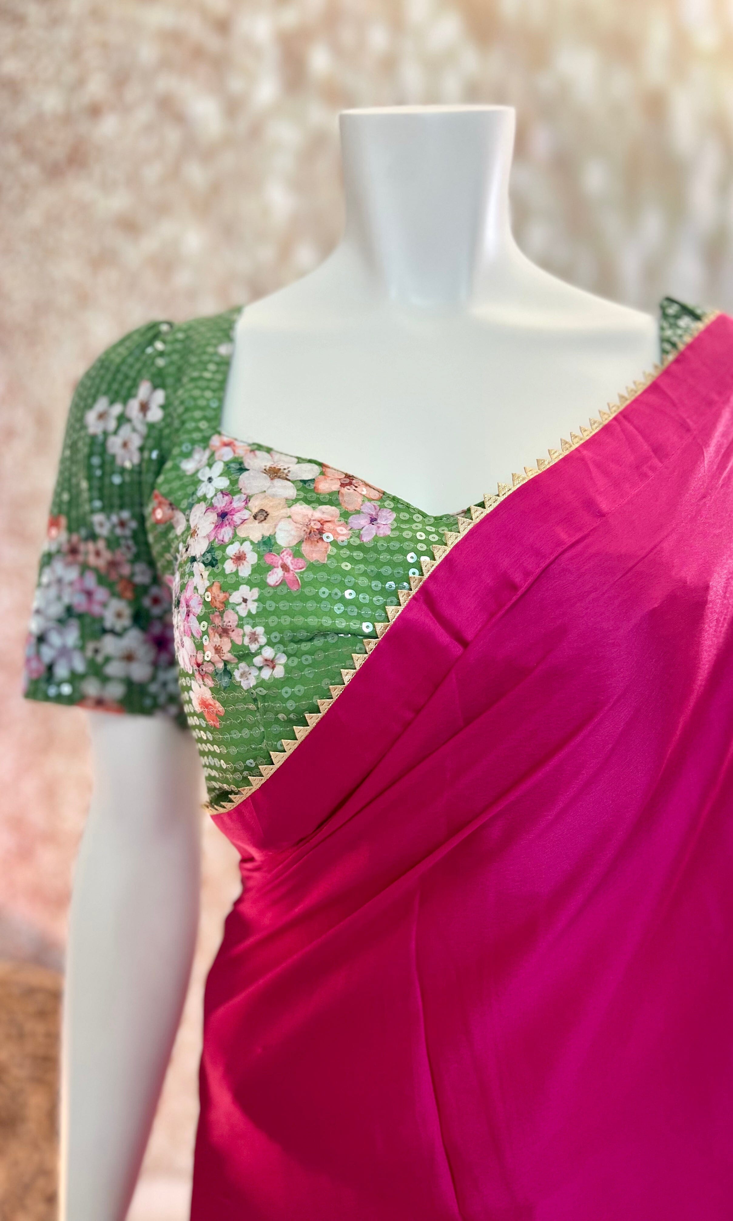 Hot Pink Pre-Pleated Saree and designer stitched blouse Swift Saree