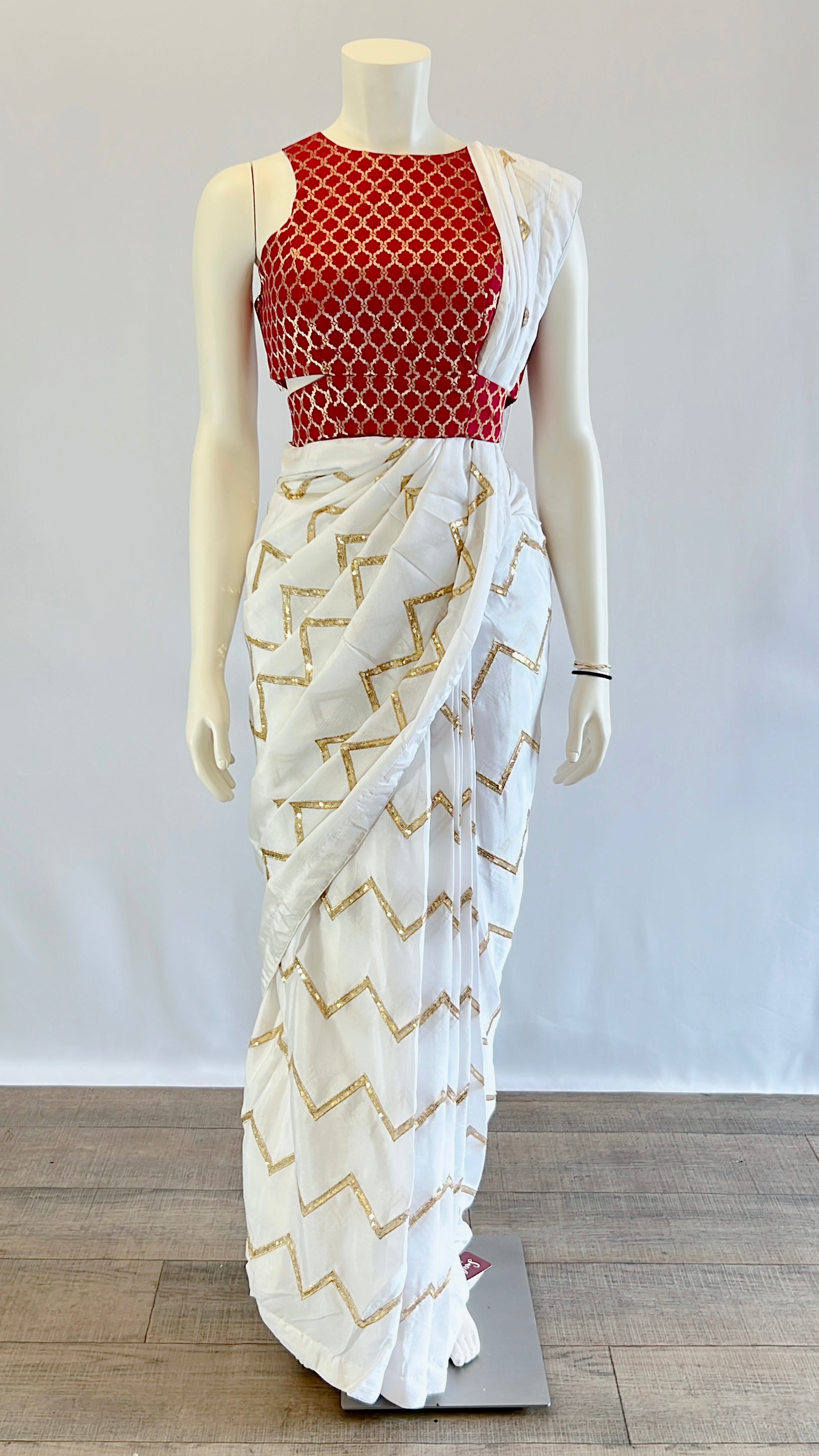Exquisite Pre-stitched White Sequins Georgette Saree with Red Designer Blouse
