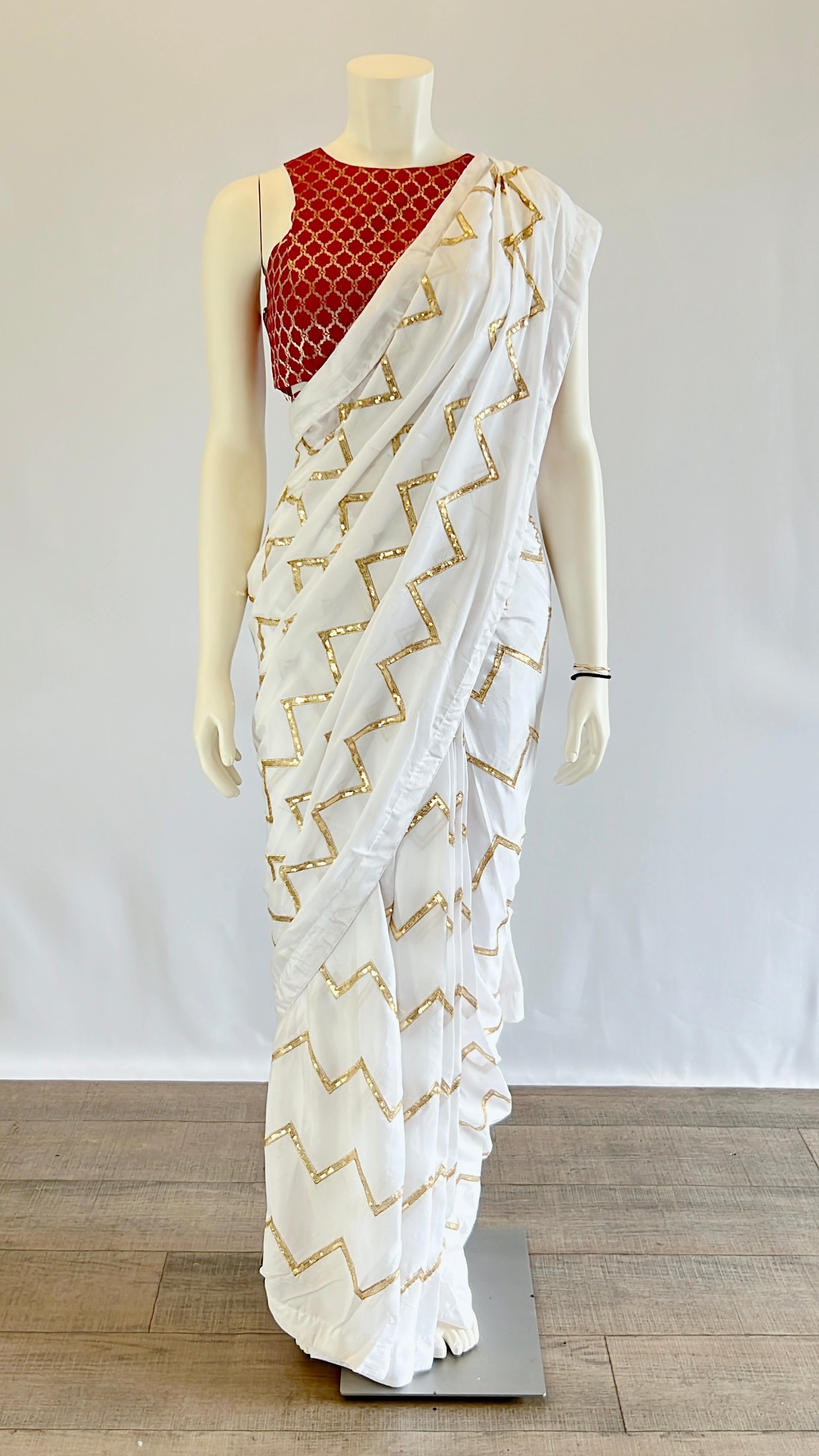 Exquisite Pre-stitched White Sequins Georgette Saree with Red Designer Blouse