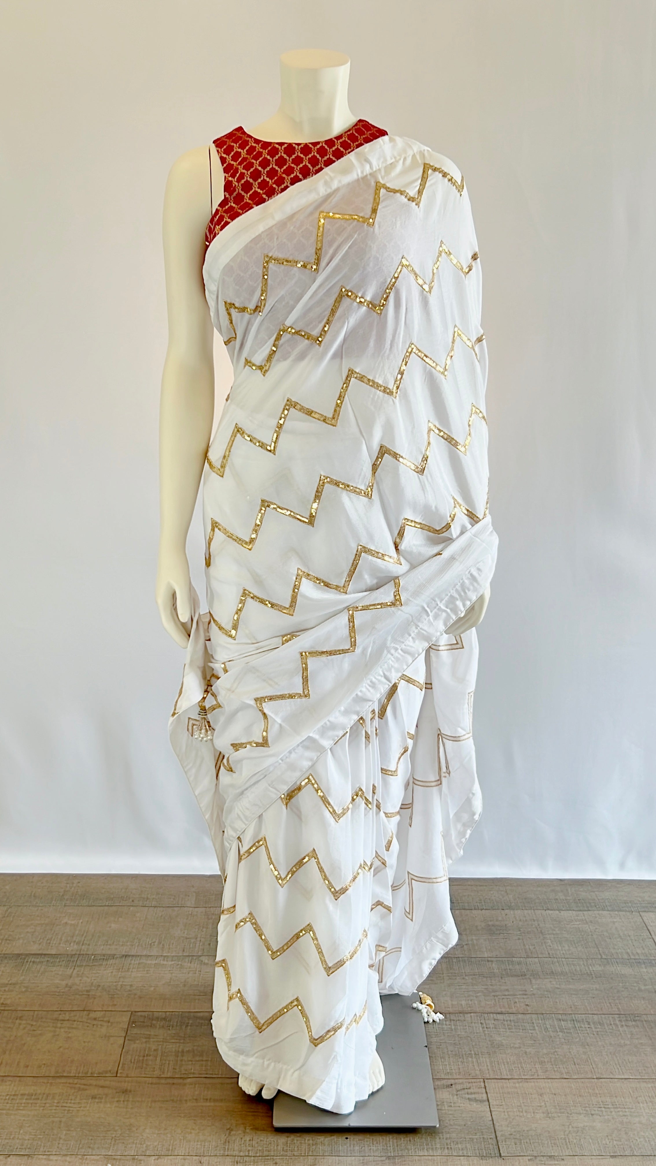 Exquisite Pre-stitched White Sequins Georgette Saree with Red Designer Blouse