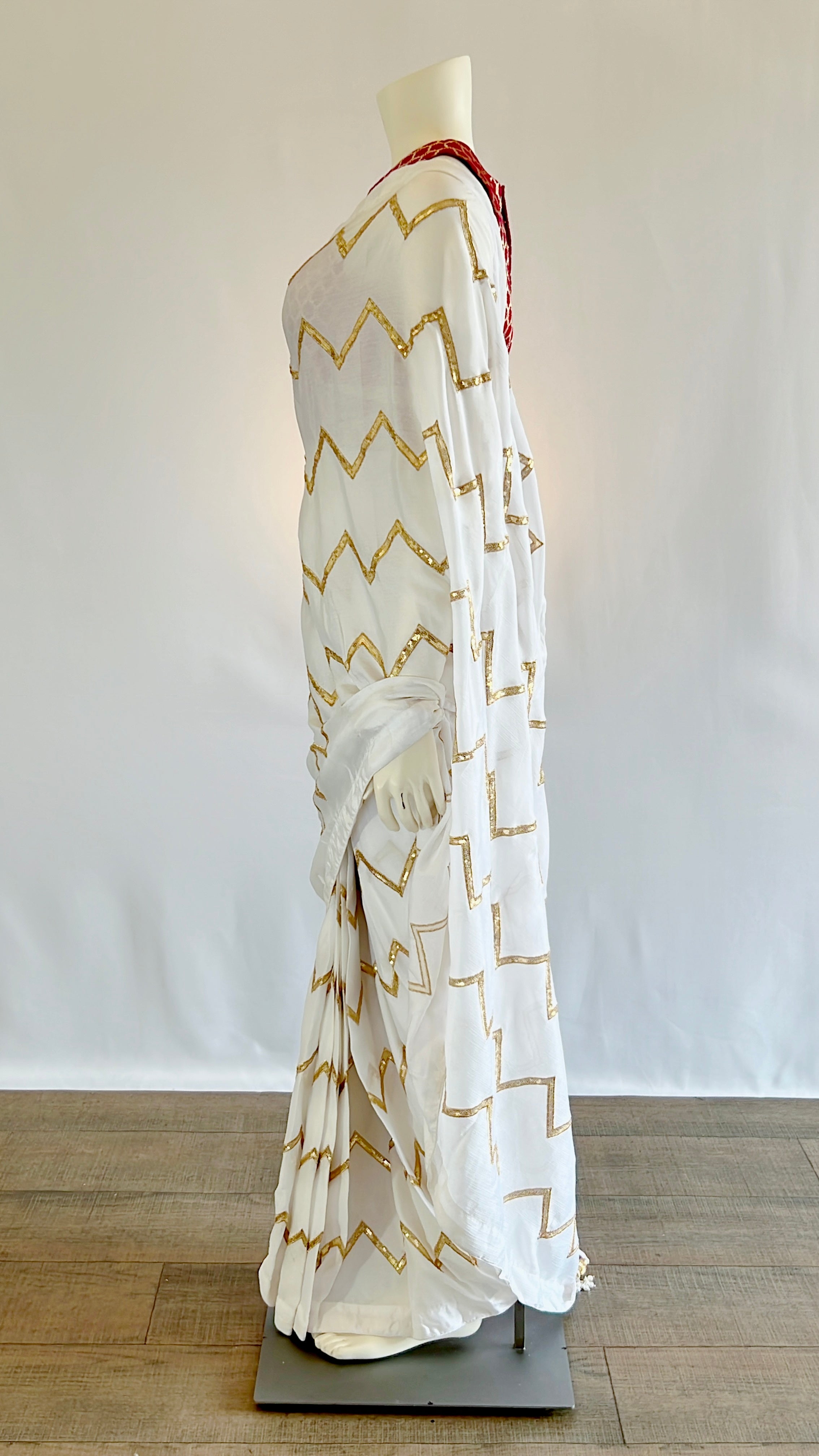 Exquisite Pre-stitched White Sequins Georgette Saree with Red Designer Blouse