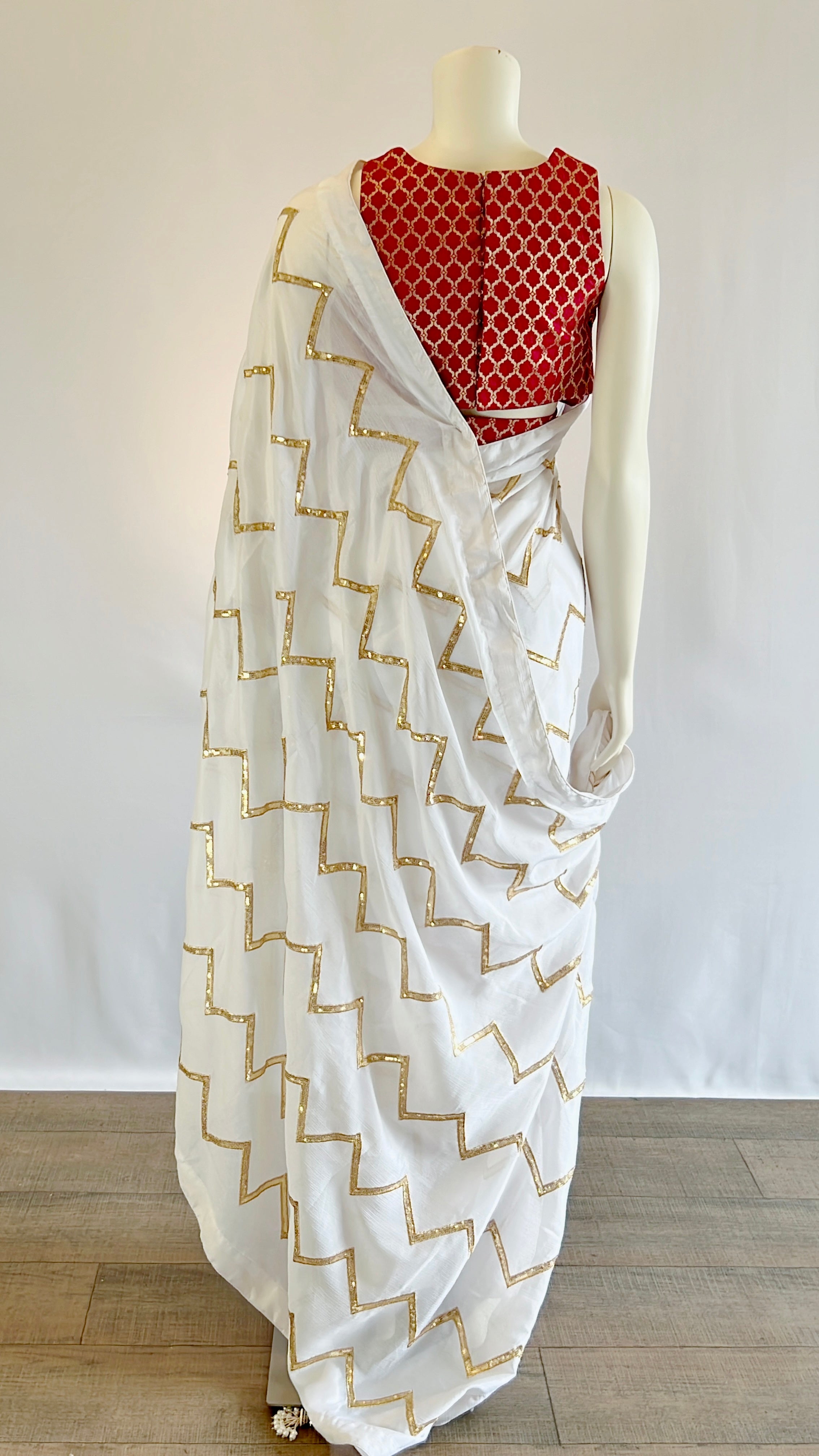 Exquisite Pre-stitched White Sequins Georgette Saree with Red Designer Blouse