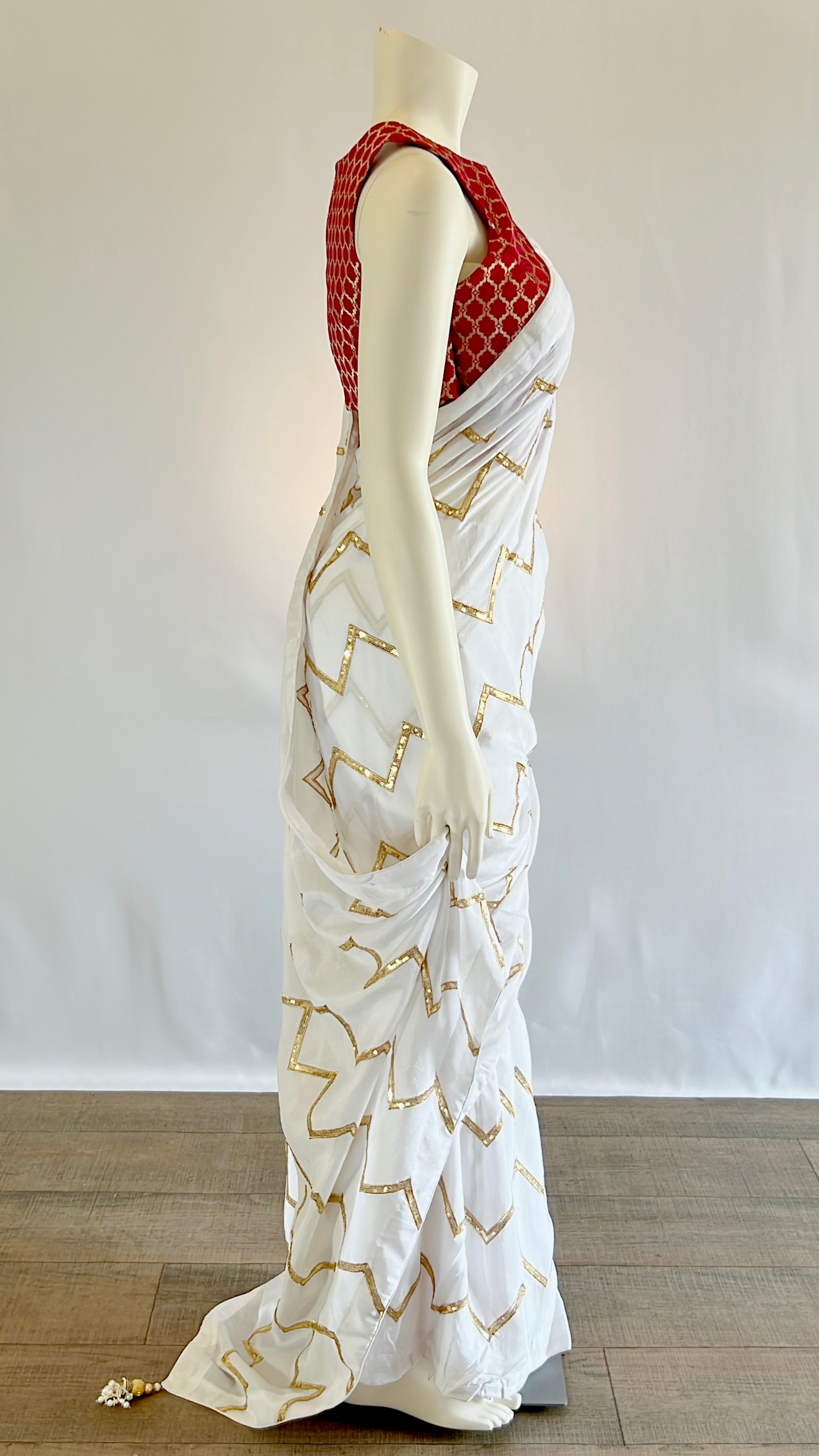 Exquisite Pre-stitched White Sequins Georgette Saree with Red Designer Blouse