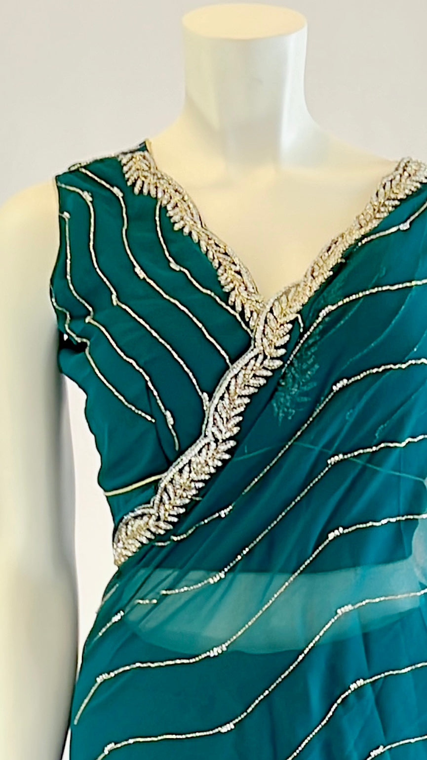Teal Georgette Ready-to-Wear Saree with Stitched Blouse - Effortless Style and Elegance | Shop Now