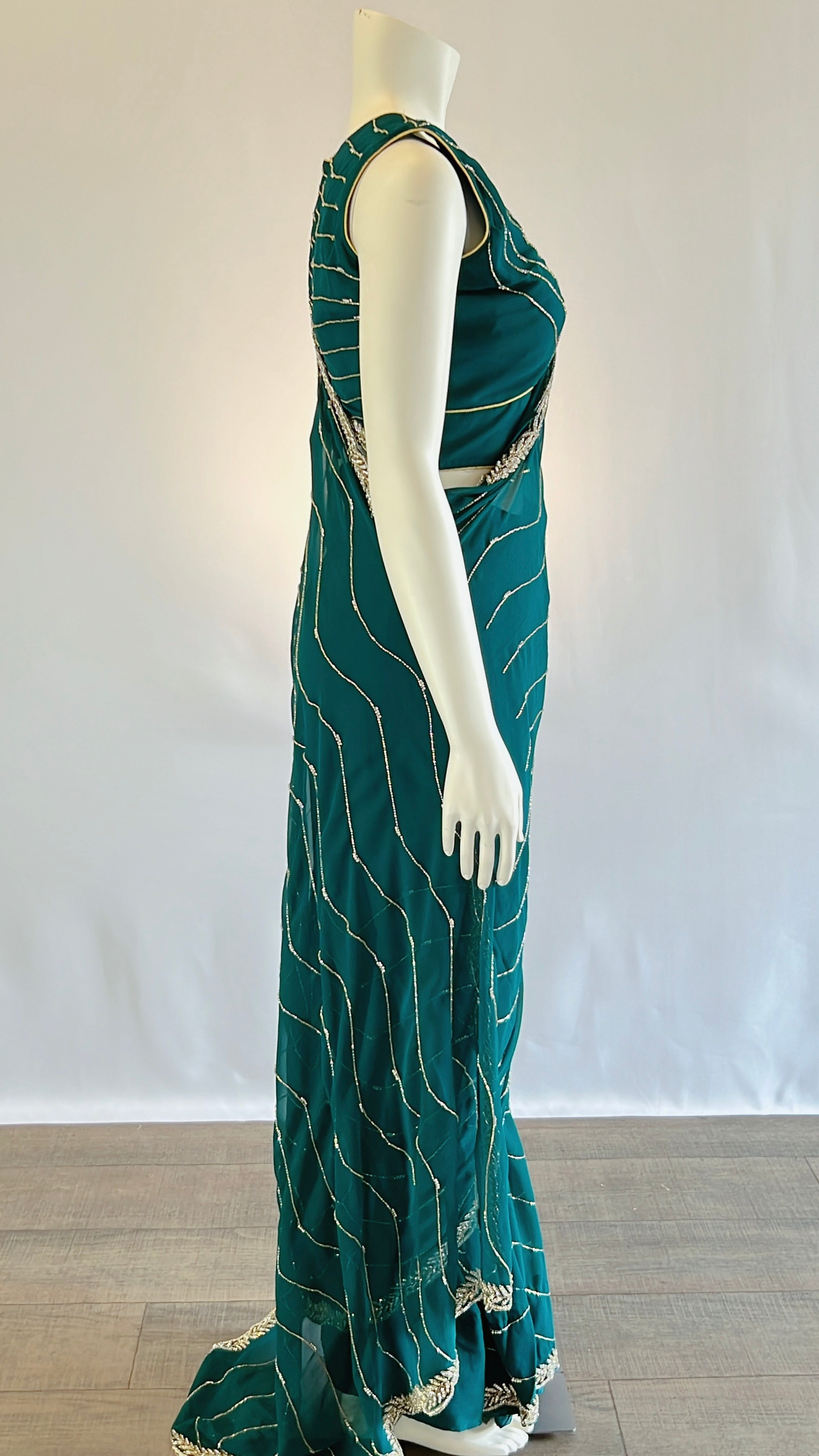 Teal Georgette Ready-to-Wear Saree with Stitched Blouse - Effortless Style and Elegance | Shop Now