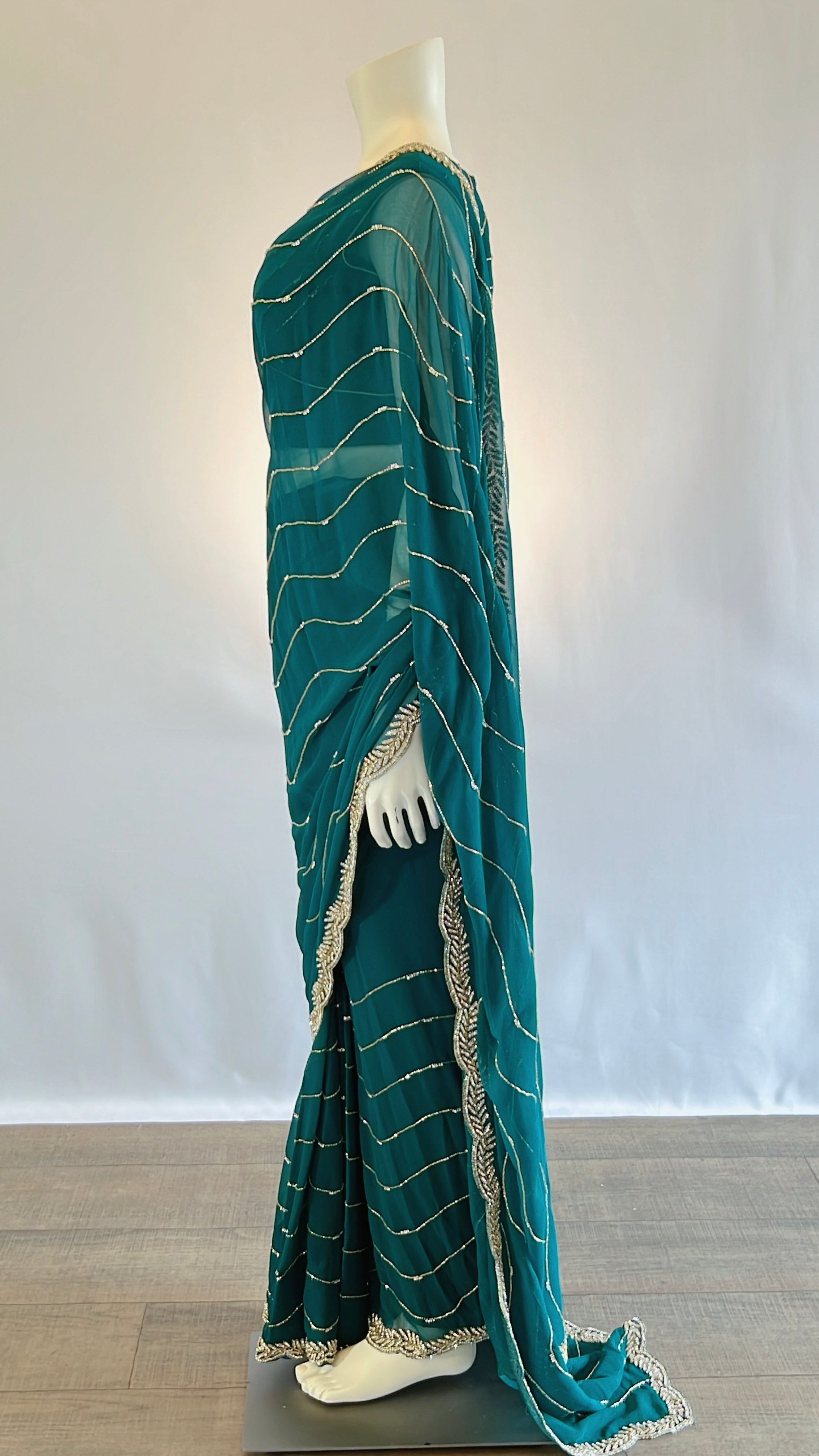 Teal Georgette Ready-to-Wear Saree with Stitched Blouse - Effortless Style and Elegance | Shop Now