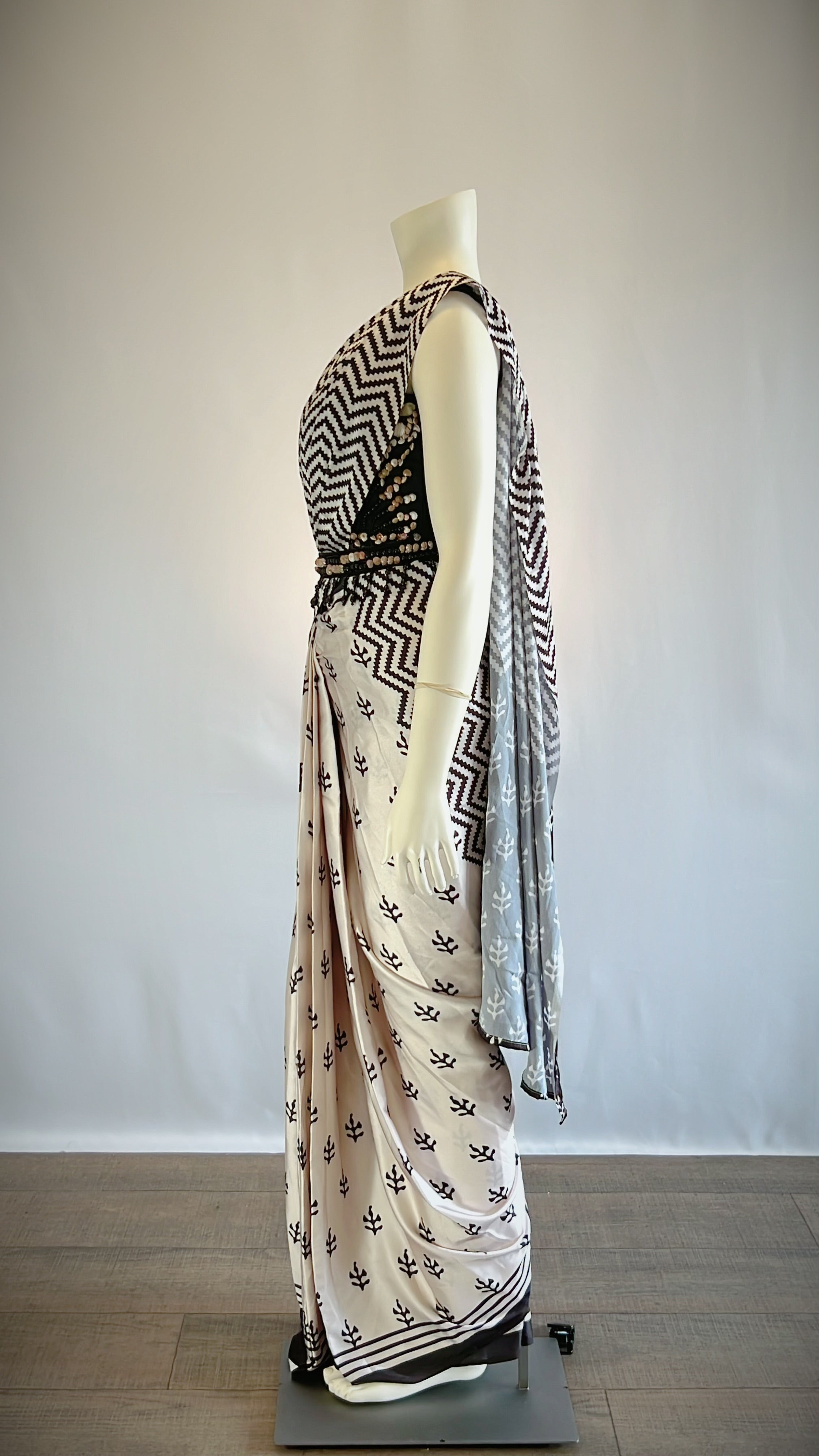 Black and White Printed Satin Silk Pre-Stitched Saree with Seashell Designer Blouse - Elegant Fusion of Patterns | Shop Now