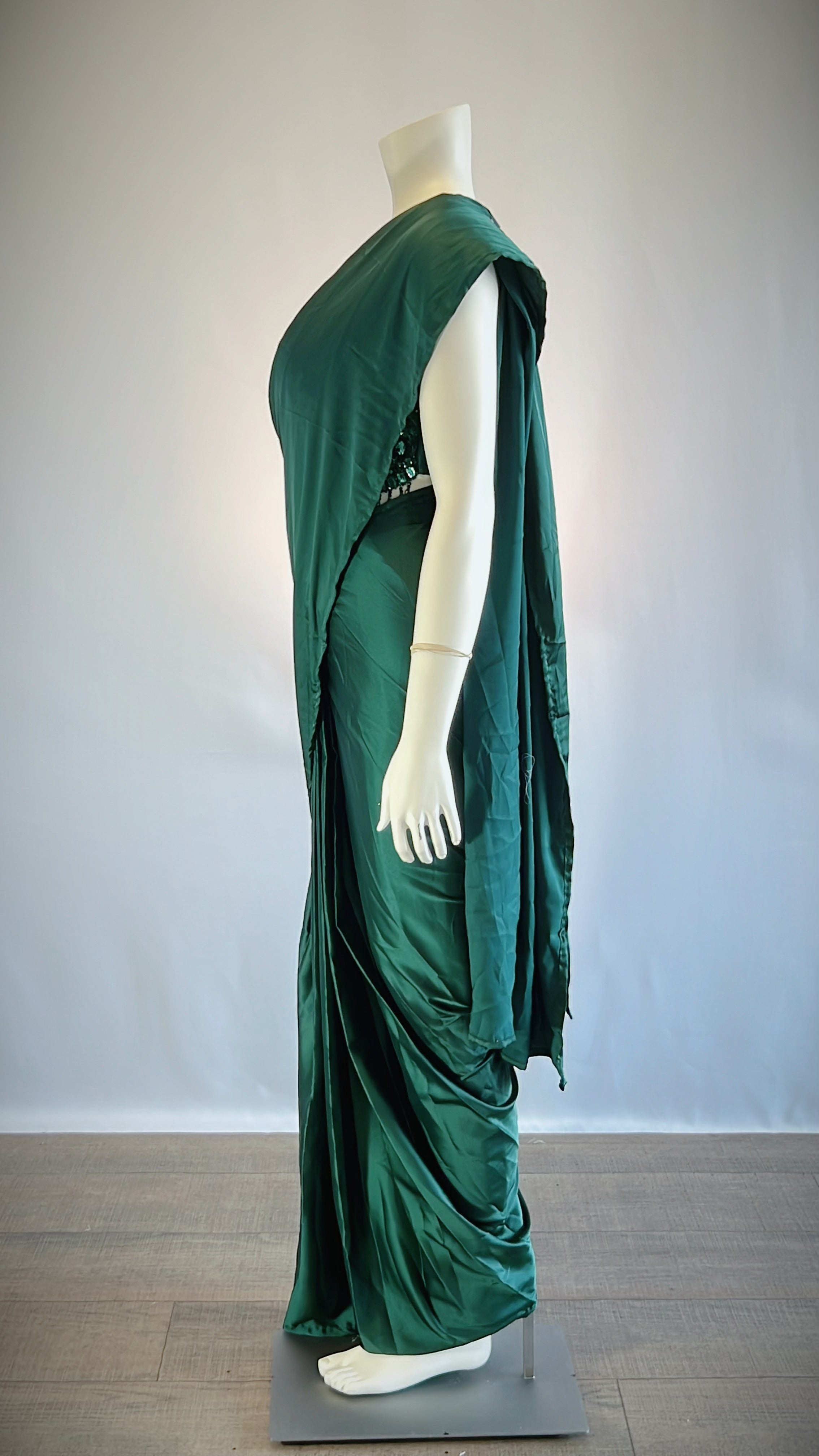 Teal Satin Silk Pre-Draped Saree with Designer Blouse - Elegant and Stylish | Shop Now for Exquisite Fashion