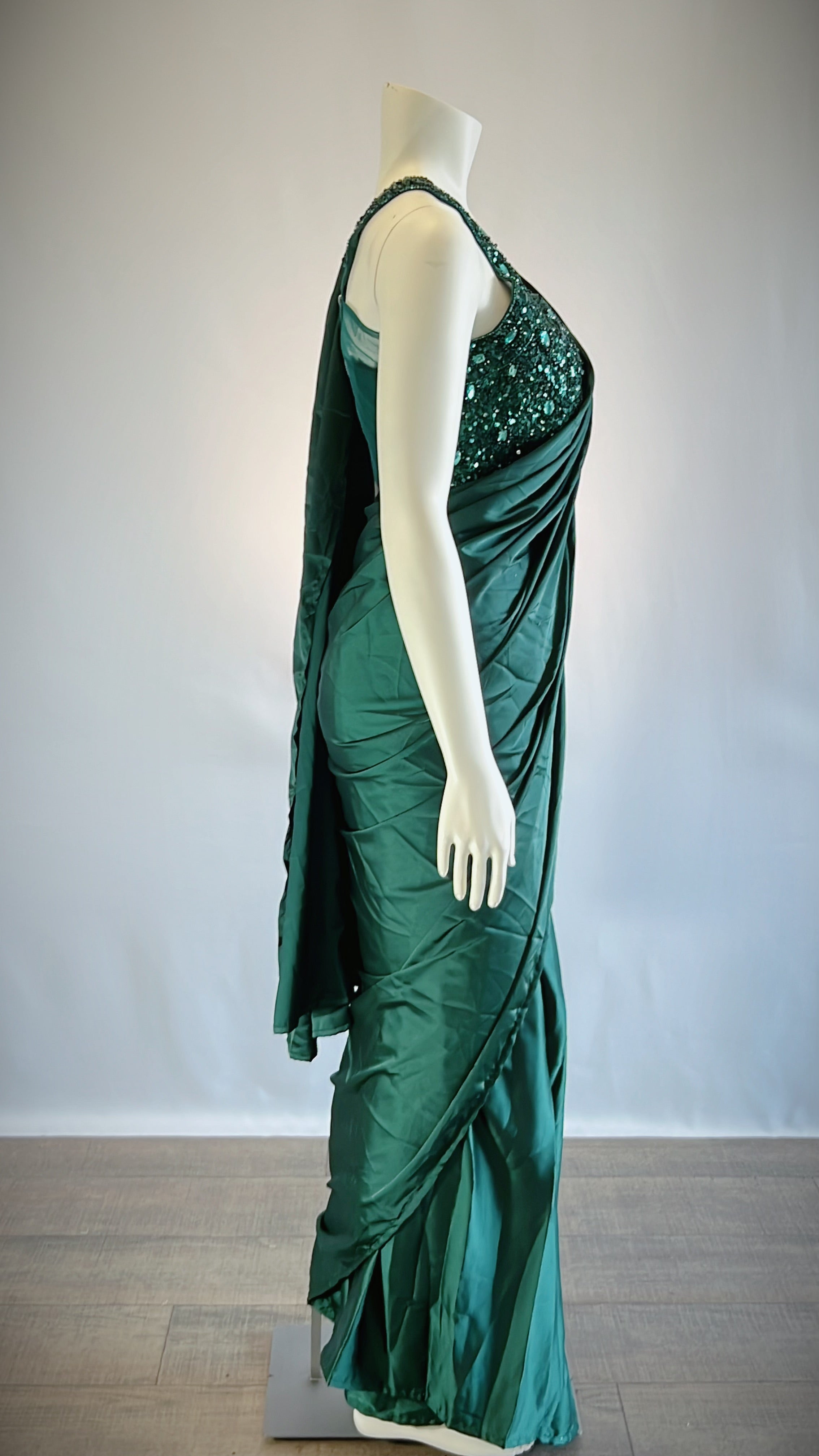 Teal Satin Silk Pre-Draped Saree with Designer Blouse - Elegant and Stylish | Shop Now for Exquisite Fashion