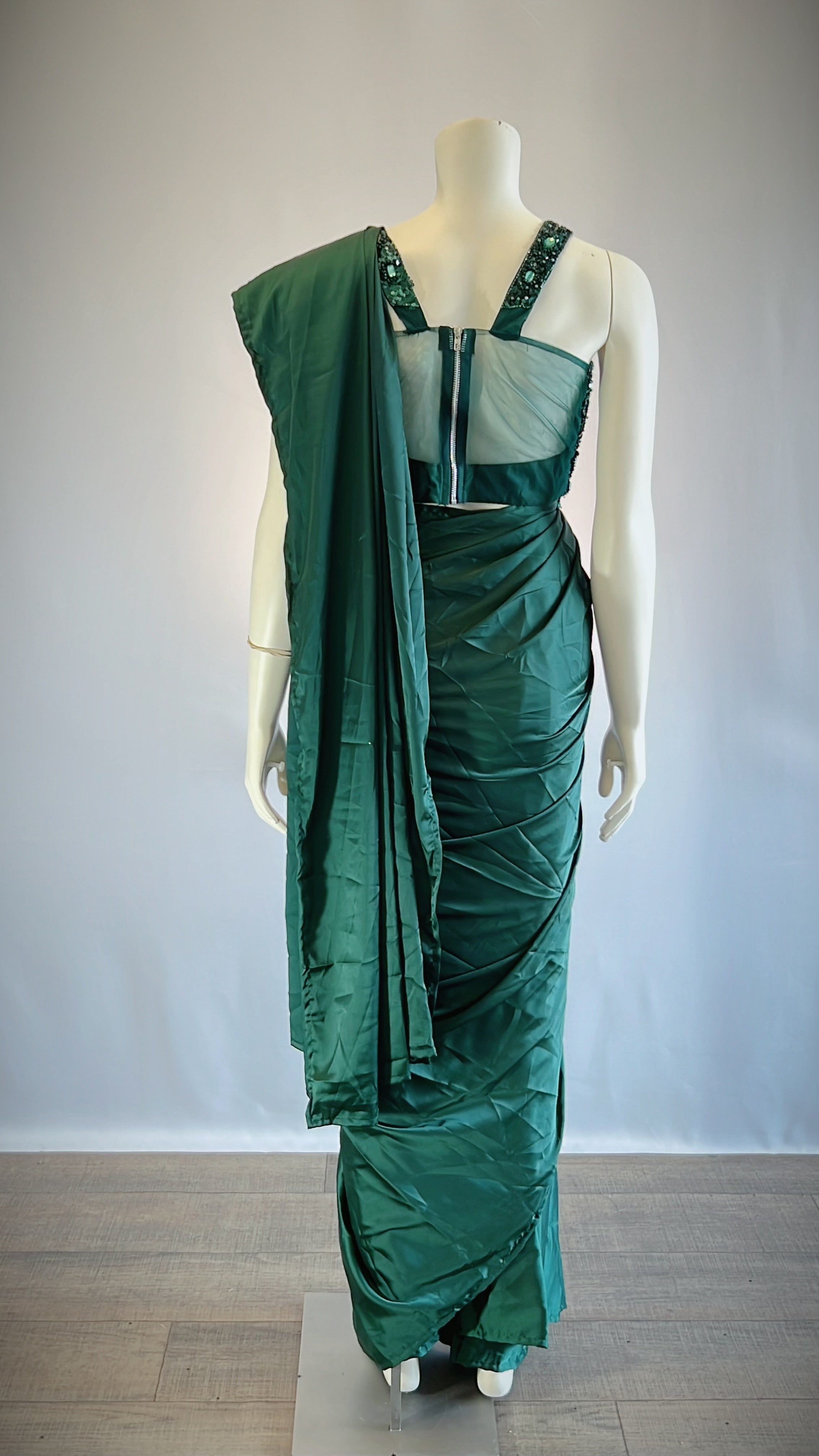 Teal Satin Silk Pre-Draped Saree with Designer Blouse - Elegant and Stylish | Shop Now for Exquisite Fashion