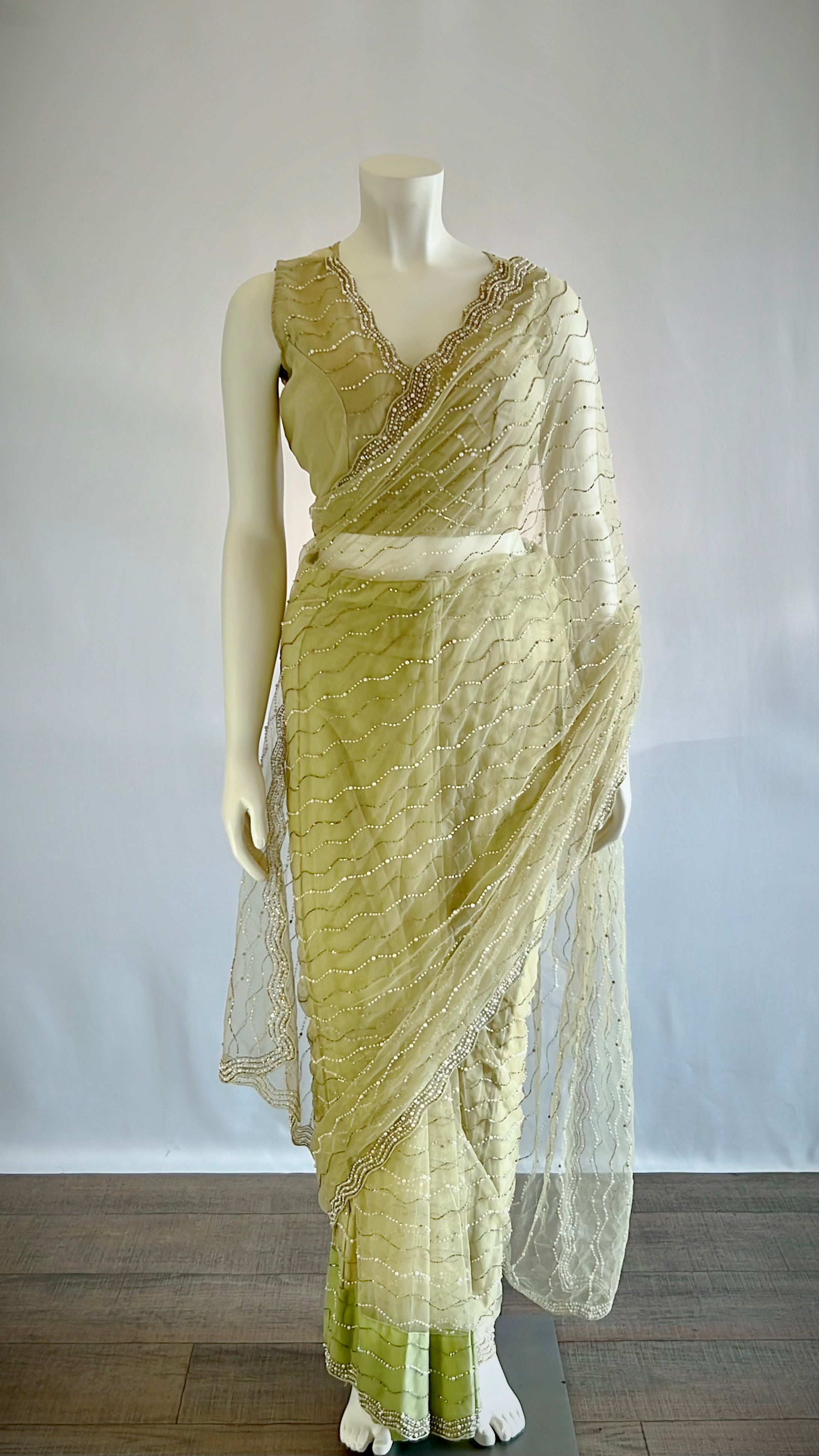 Enchanting Pistachio Green Net Ready-Pleated Saree with Stitched Blouse - Effortless Elegance for Stylish Women