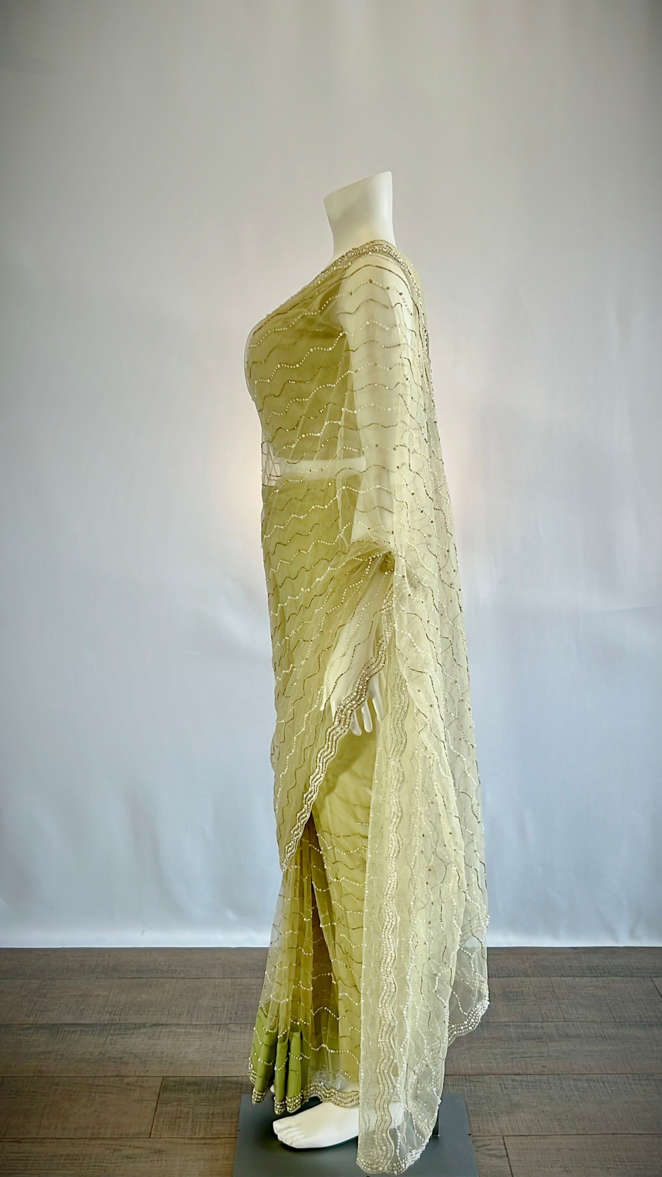 Enchanting Pistachio Green Net Ready-Pleated Saree with Stitched Blouse - Effortless Elegance for Stylish Women