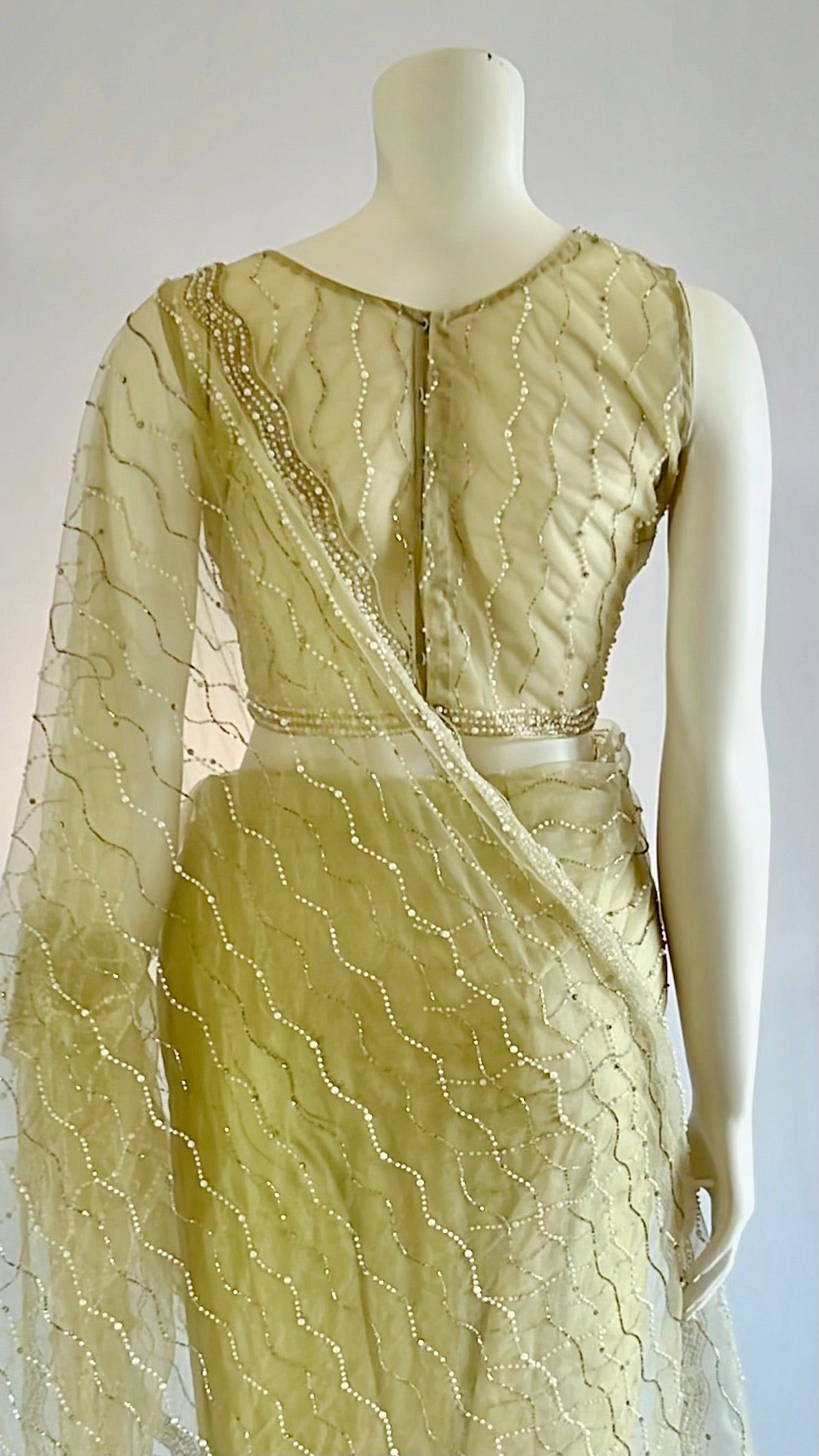 Enchanting Pistachio Green Net Ready-Pleated Saree with Stitched Blouse - Effortless Elegance for Stylish Women