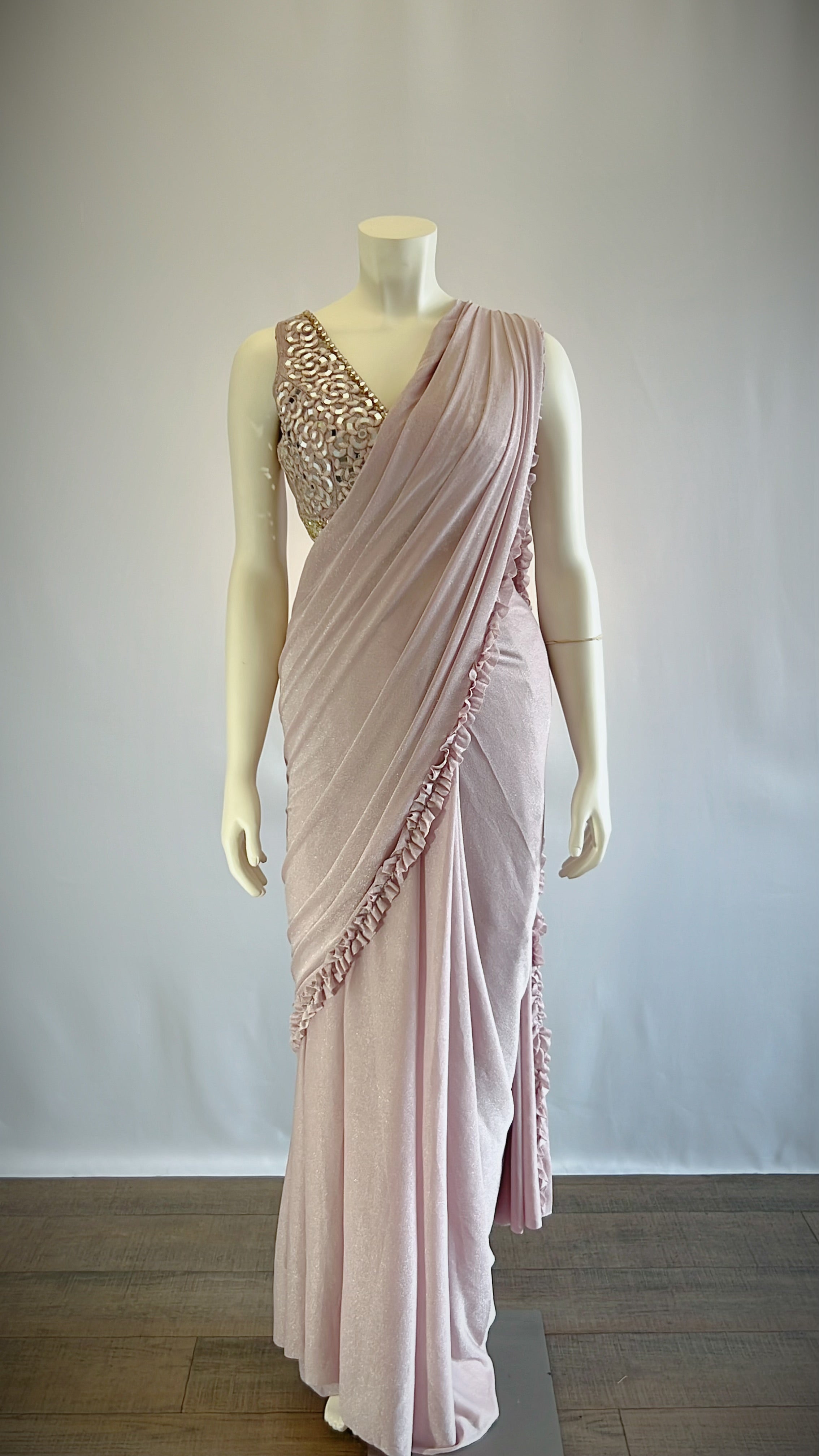Dusty Rose Shimmer Lycra Crushed Silk Ready-to-Wear Saree with Designer Blouse - Elegant Fashion for the Modern Woman | Shop Now