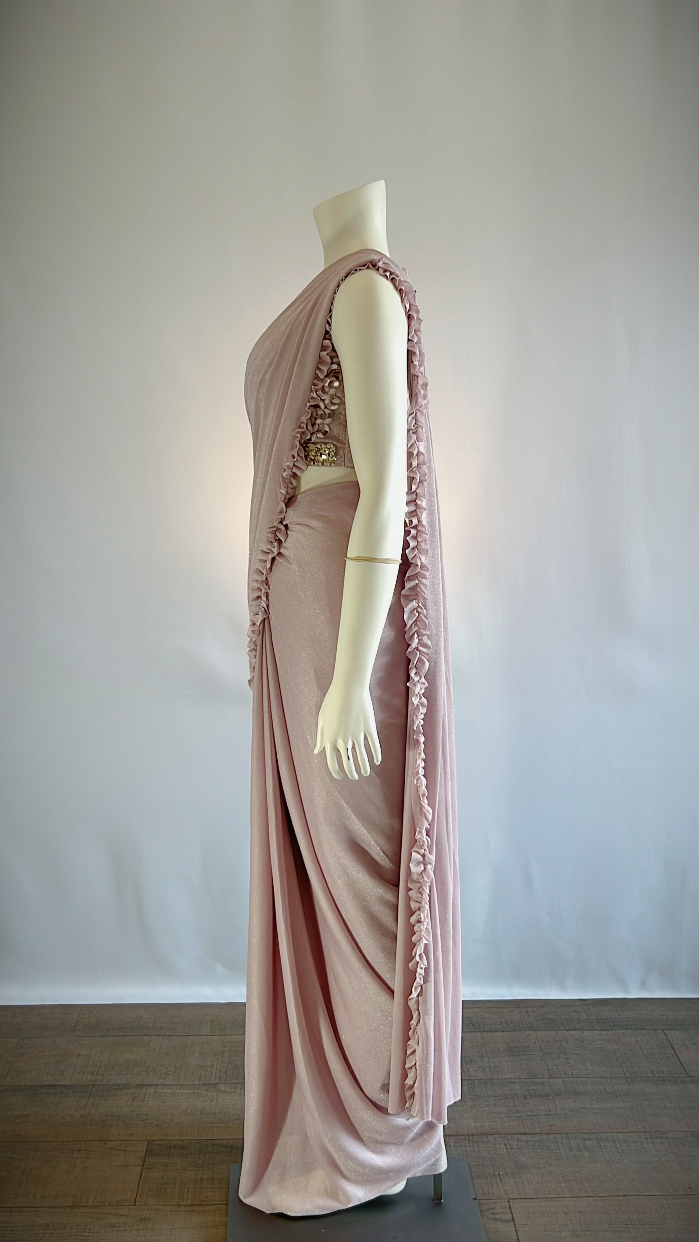 Dusty Rose Shimmer Lycra Crushed Silk Ready-to-Wear Saree with Designer Blouse - Elegant Fashion for the Modern Woman | Shop Now