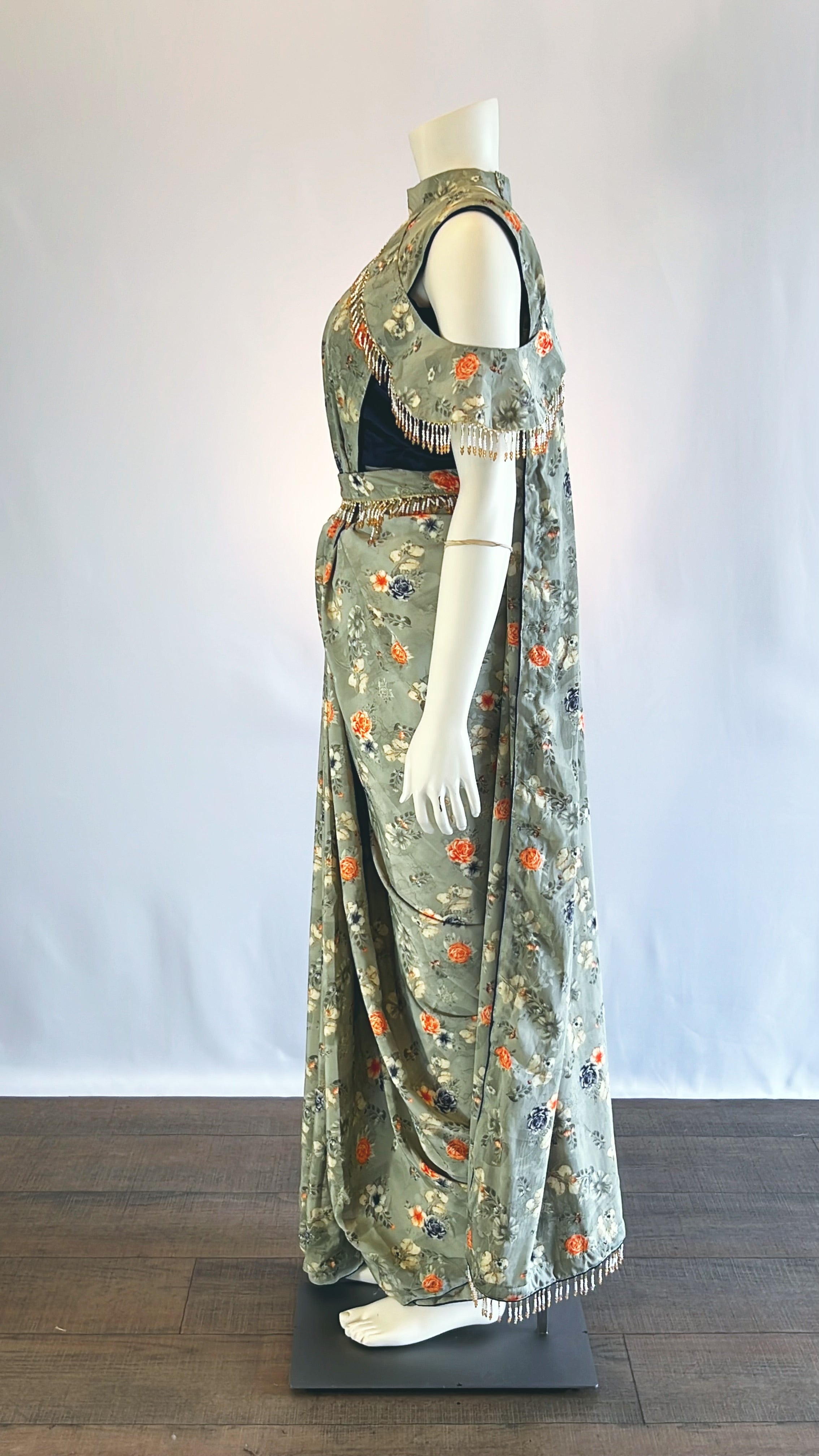 Gray Floral Print Satin Silk Pre-Stitched Saree with Cape and Designer Blouse - Elegant Fashion for Modern Women | Shop Now