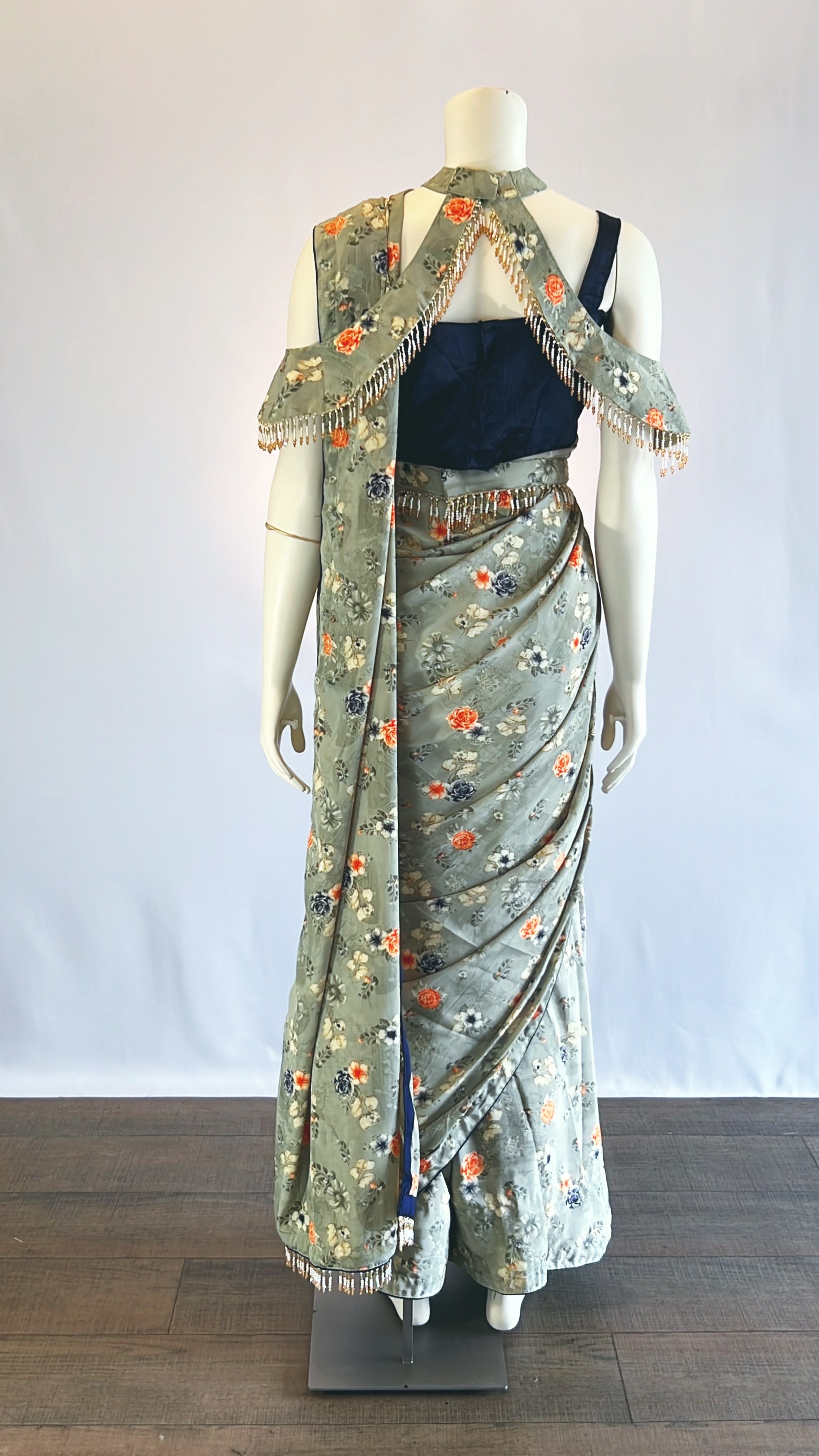 Gray Floral Print Satin Silk Pre-Stitched Saree with Cape and Designer Blouse - Elegant Fashion for Modern Women | Shop Now