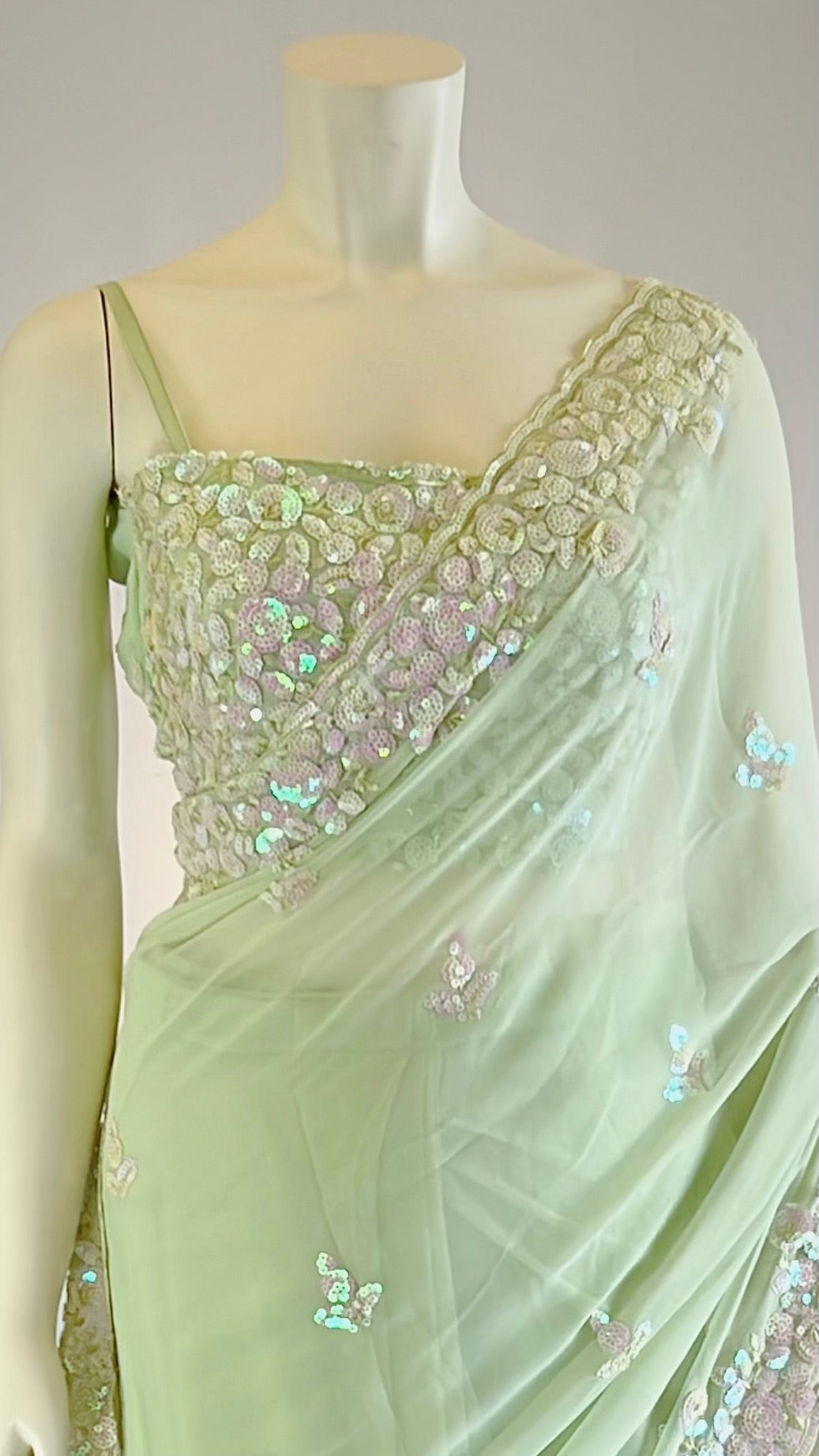 Elegant Pastel Green Chiffon Sequins Pre-Stitched Saree with Designer Blouse - Fashion for the Modern Woman | Shop Now