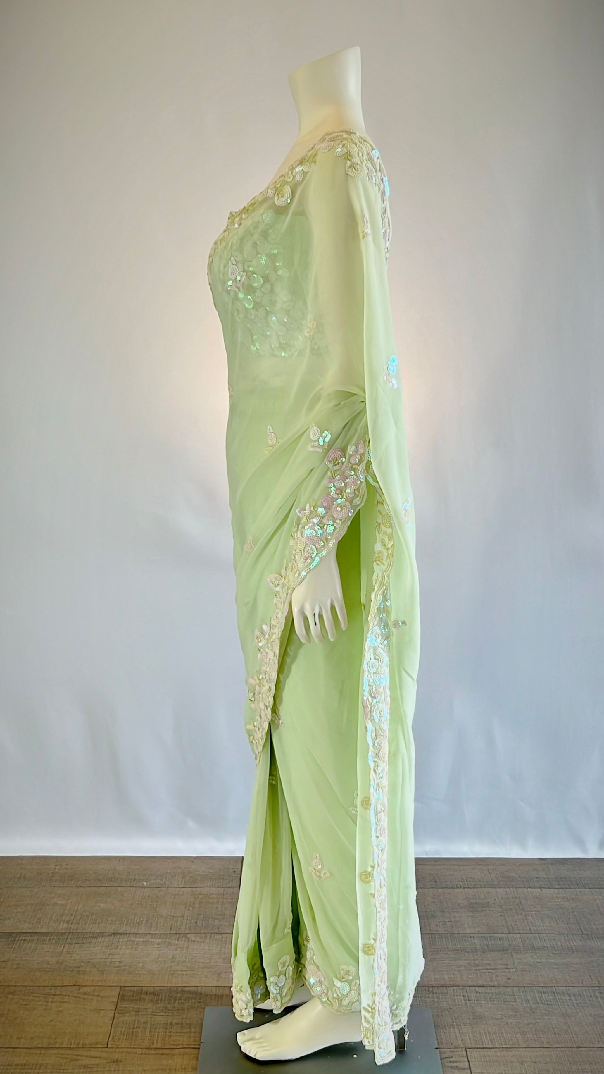 Elegant Pastel Green Chiffon Sequins Pre-Stitched Saree with Designer Blouse - Fashion for the Modern Woman | Shop Now