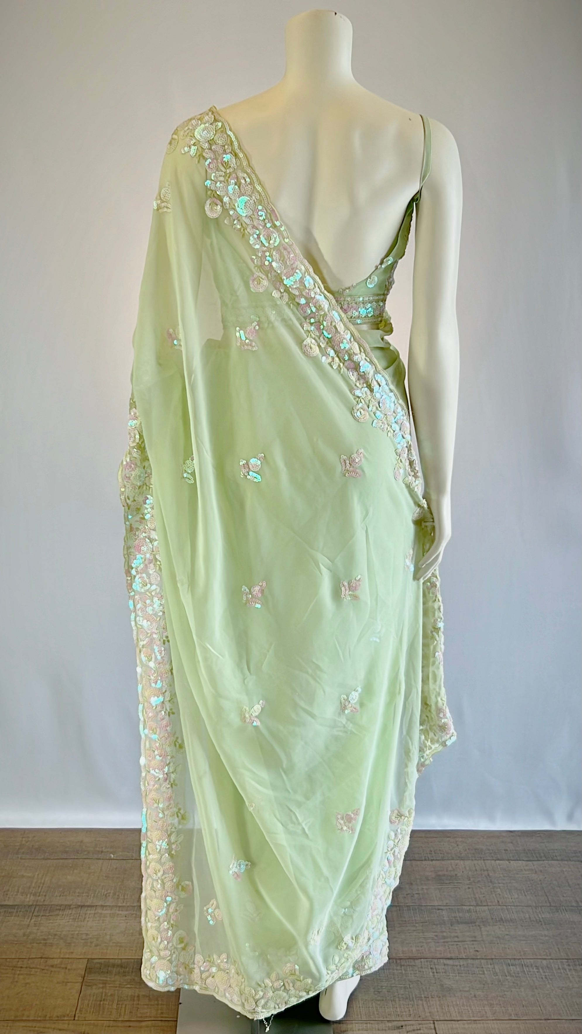 Elegant Pastel Green Chiffon Sequins Pre-Stitched Saree with Designer Blouse - Fashion for the Modern Woman | Shop Now