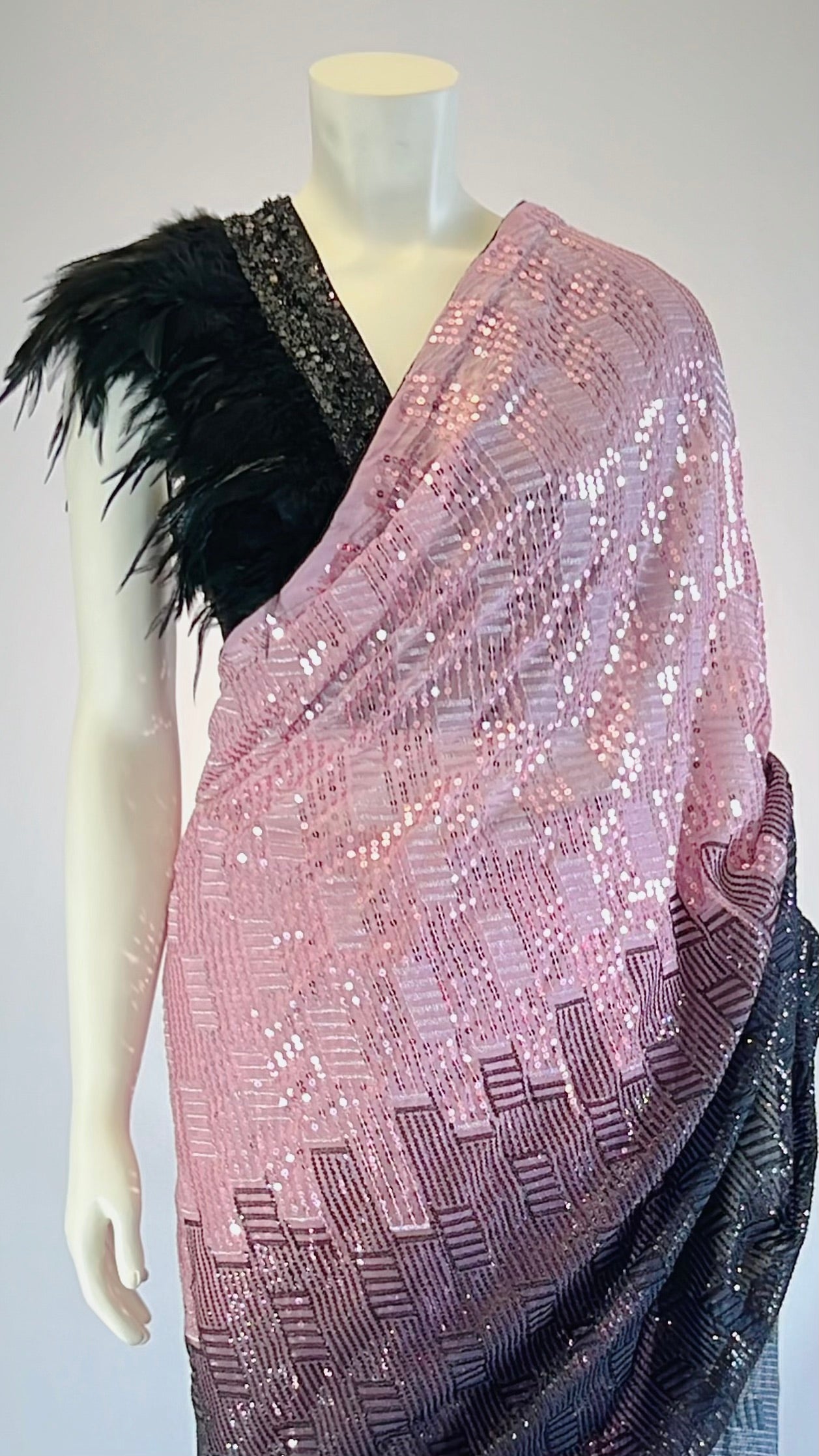 Black and Pink Sequins Georgette Pre-Stitched Saree with Designer Feather Blouse - Exquisite Fashion for Discerning Women | Buy Now