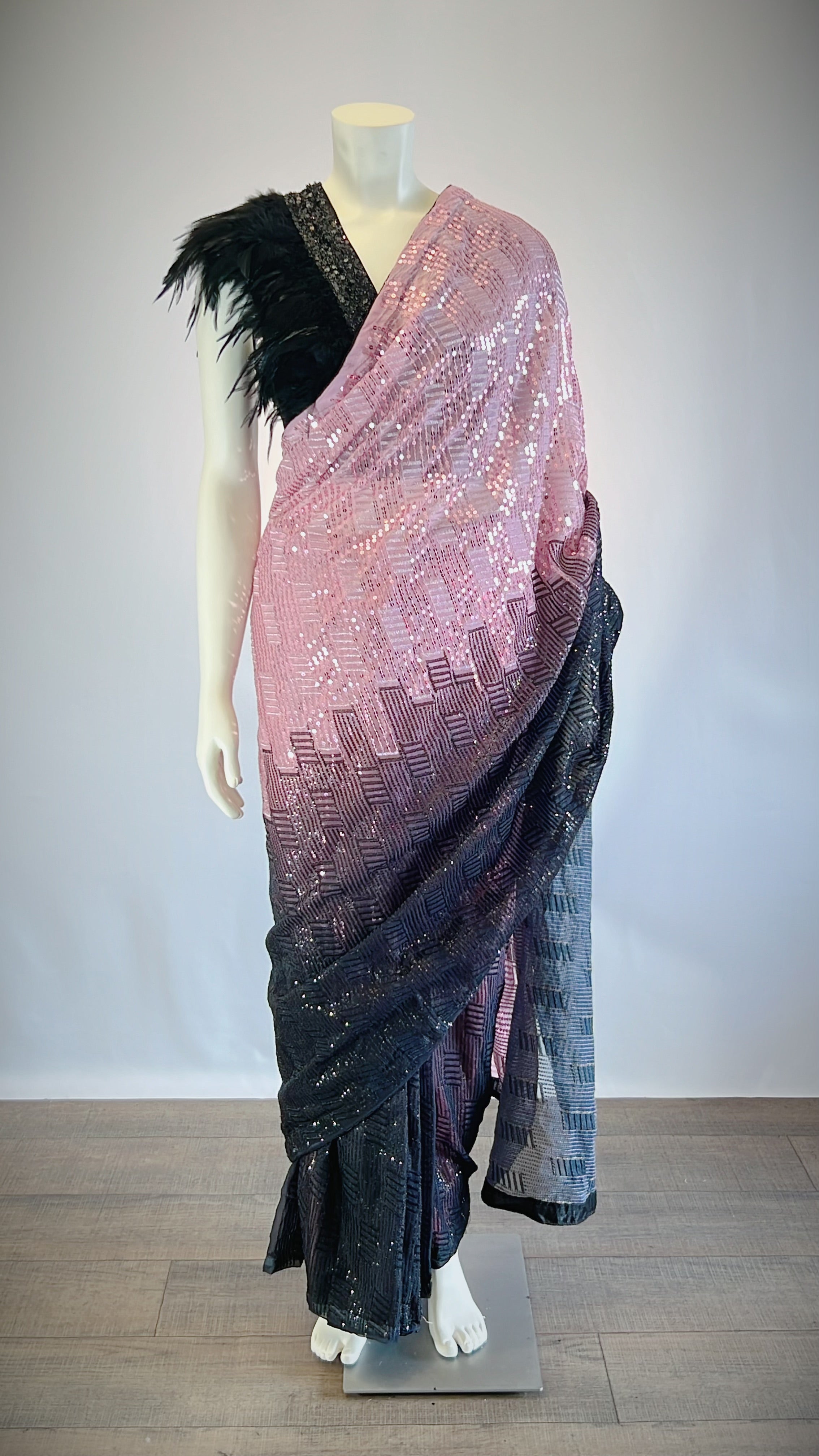 Black and Pink Sequins Georgette Pre-Stitched Saree with Designer Feather Blouse - Exquisite Fashion for Discerning Women | Buy Now