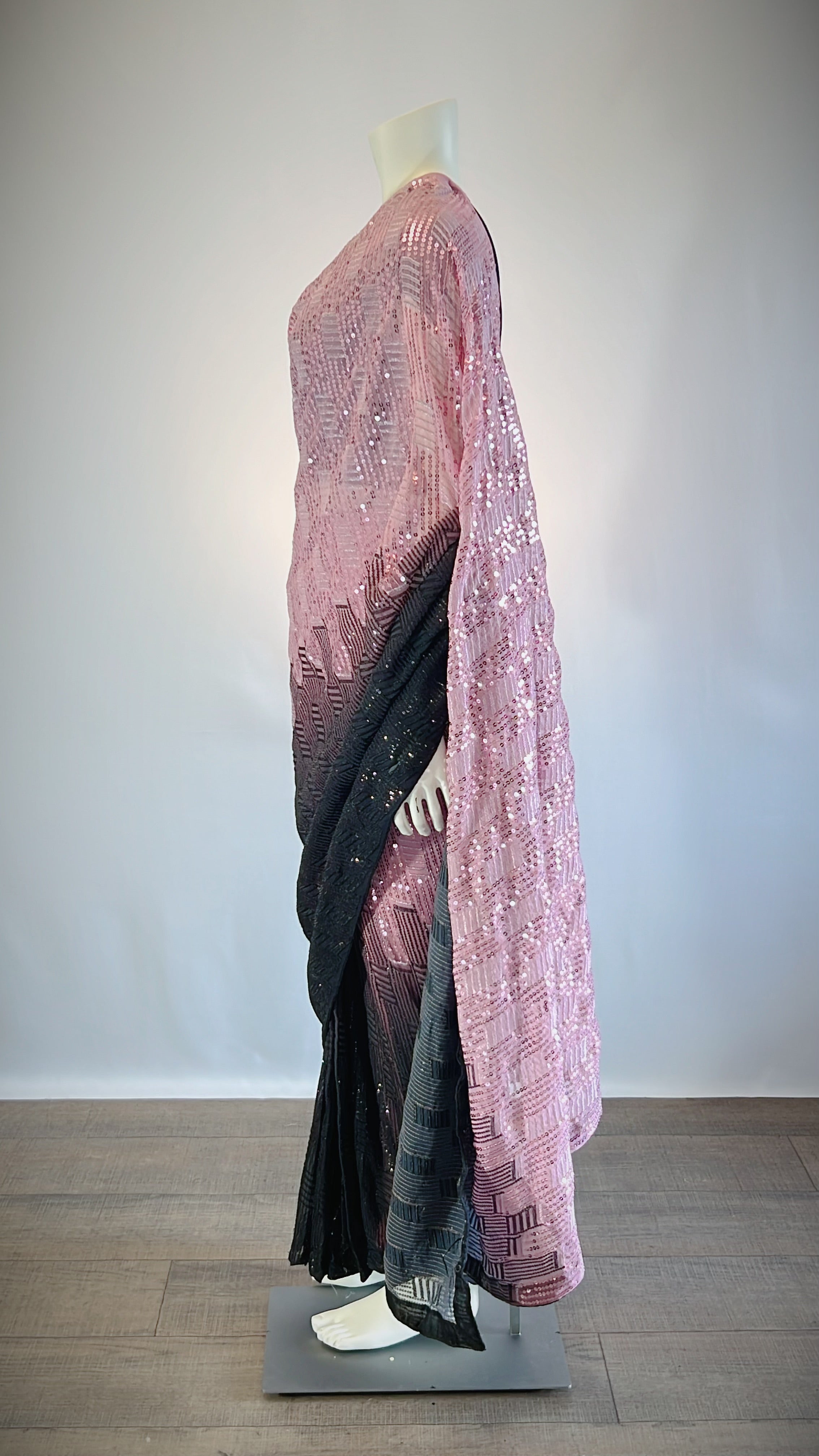 Black and Pink Sequins Georgette Pre-Stitched Saree with Designer Feather Blouse - Exquisite Fashion for Discerning Women | Buy Now