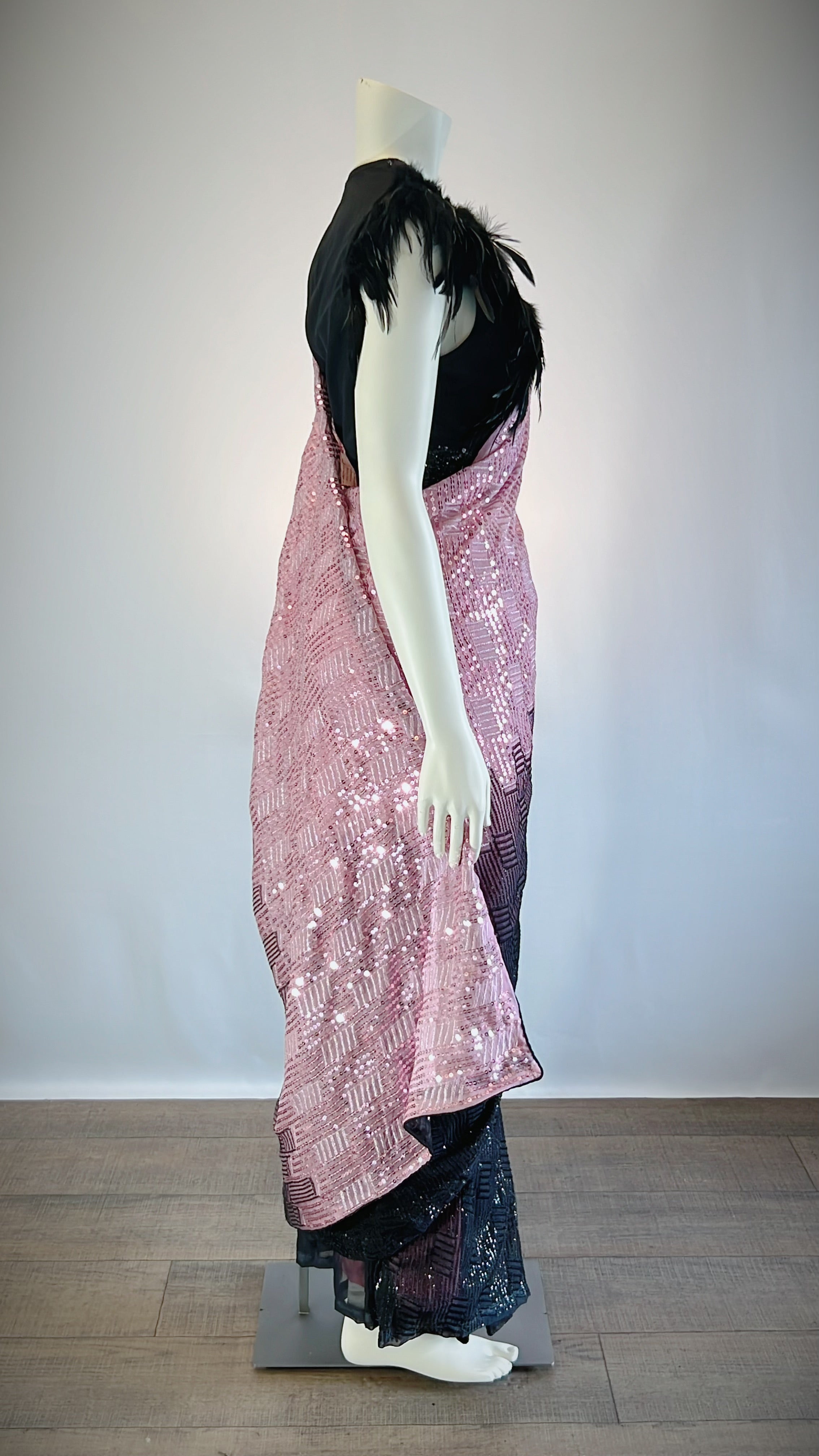 Black and Pink Sequins Georgette Pre-Stitched Saree with Designer Feather Blouse - Exquisite Fashion for Discerning Women | Buy Now