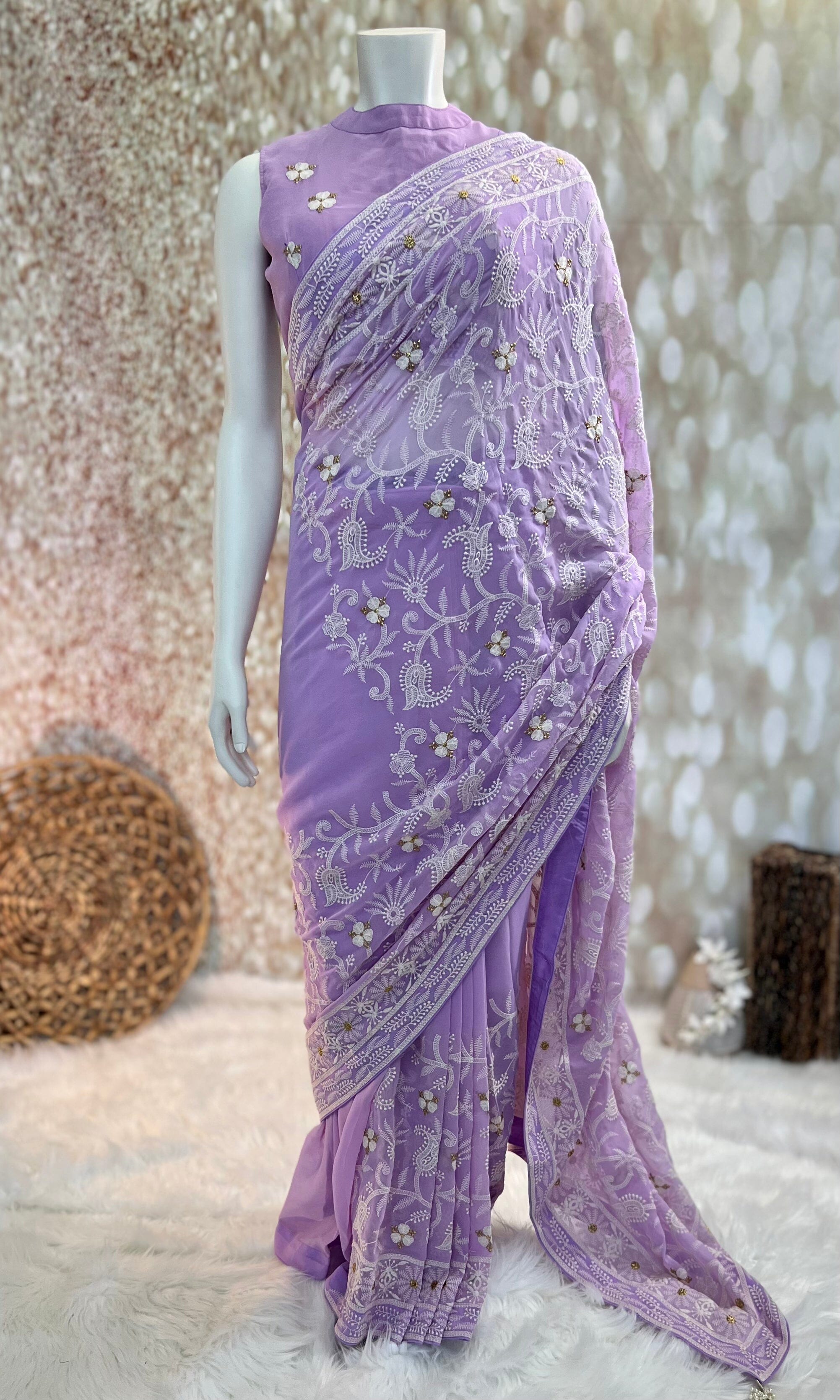 Lavender Georgette Pre-Pleated Saree and stitched blouse Swift Saree