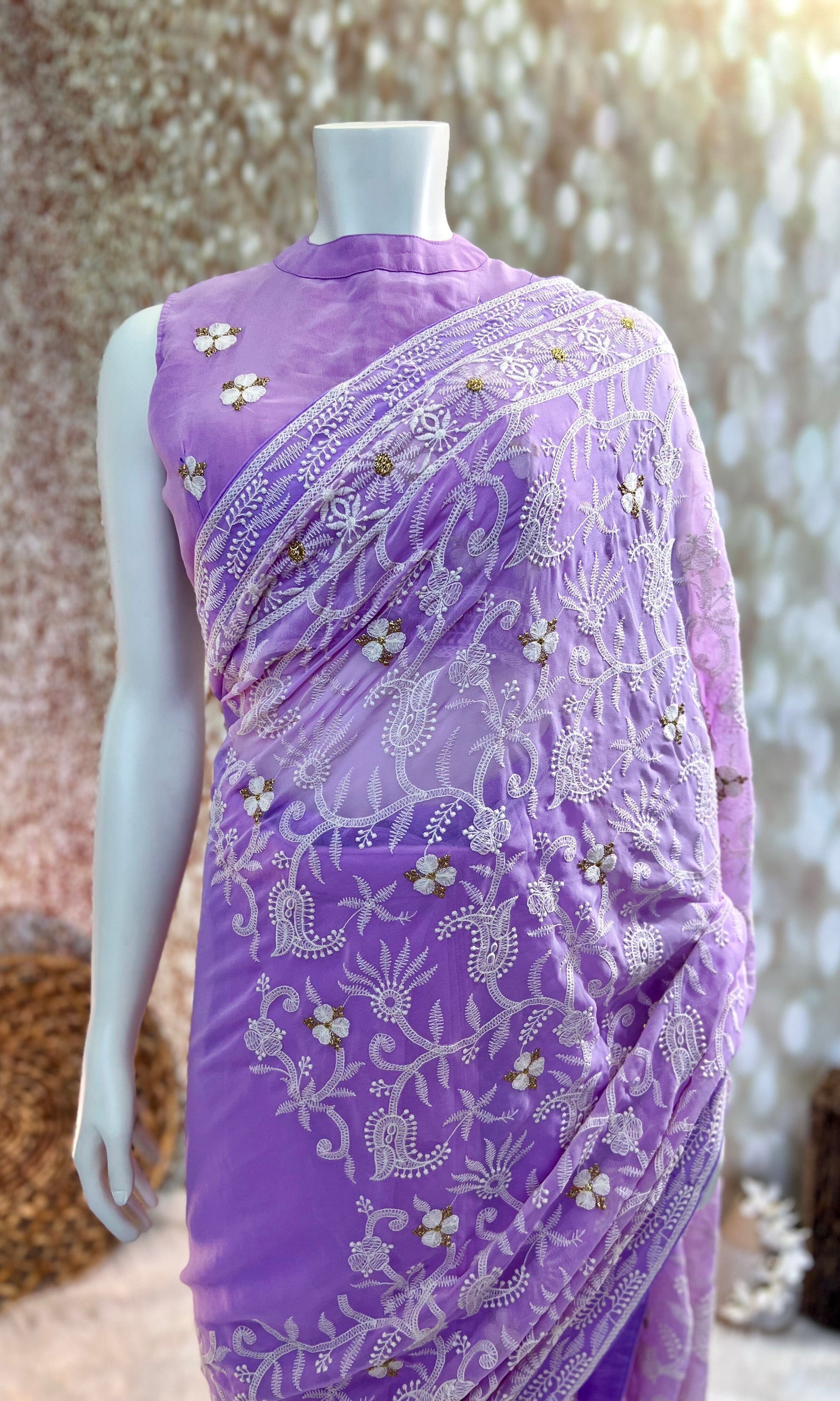 Lavender Georgette Pre-Pleated Saree and stitched blouse Swift Saree