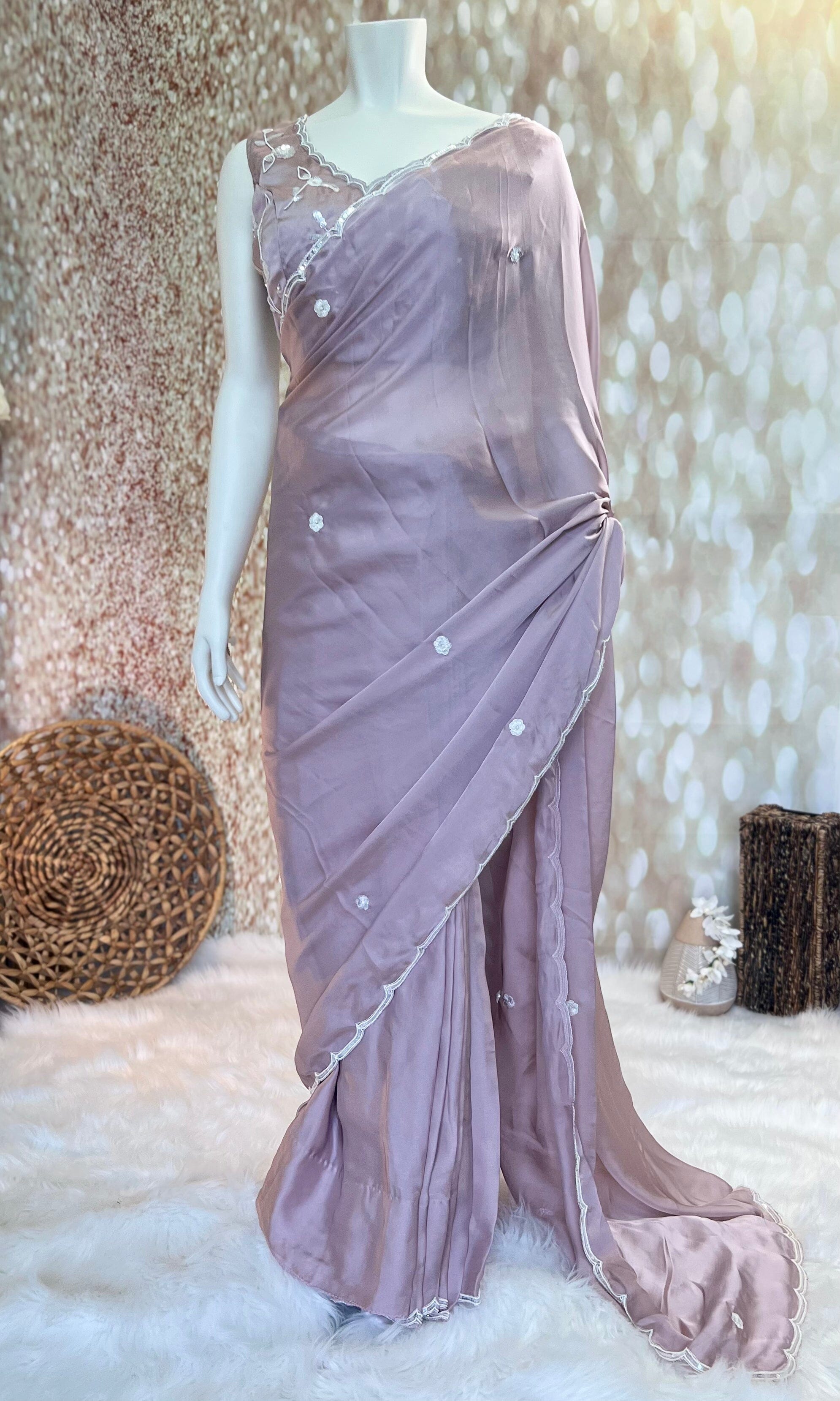 Light Purple Shimmer Chiffon Saree with Stitched Blouse Swift Saree