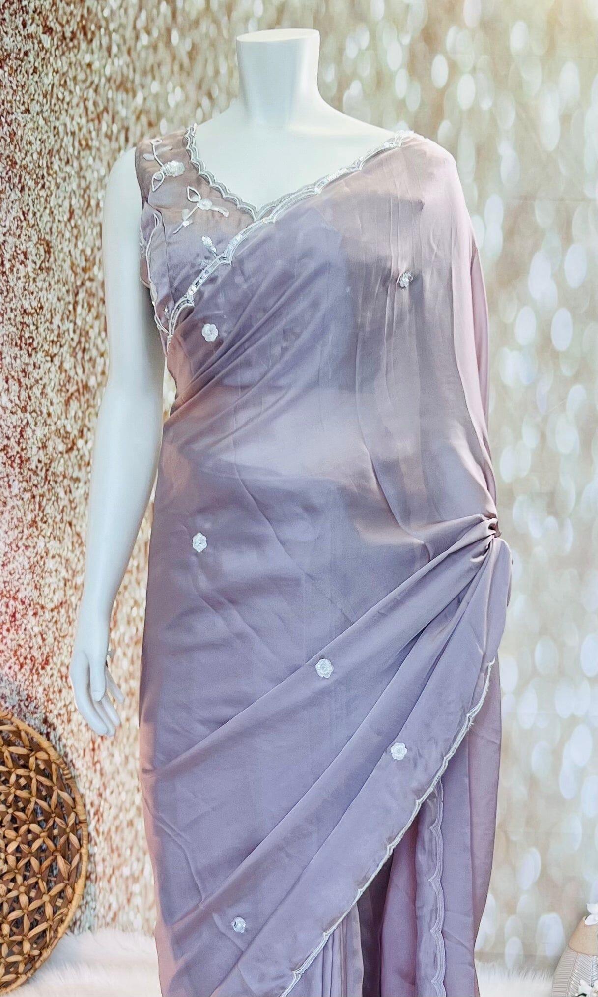 Light Purple Shimmer Chiffon Saree with Stitched Blouse Swift Saree