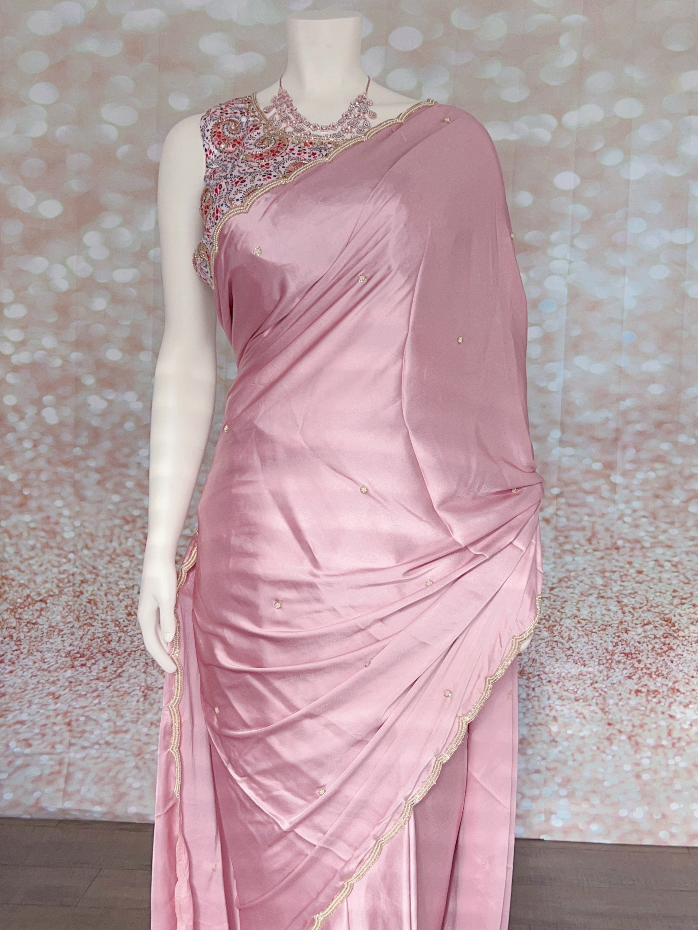 Mauve Pink Hand Embroidered Georgette Pre-Pleated Saree with Blouse Swift Saree