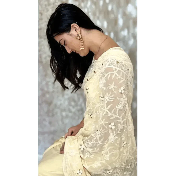 Pastel Yellow Pre-Pleated Saree and designer stitched blouse Swift Saree