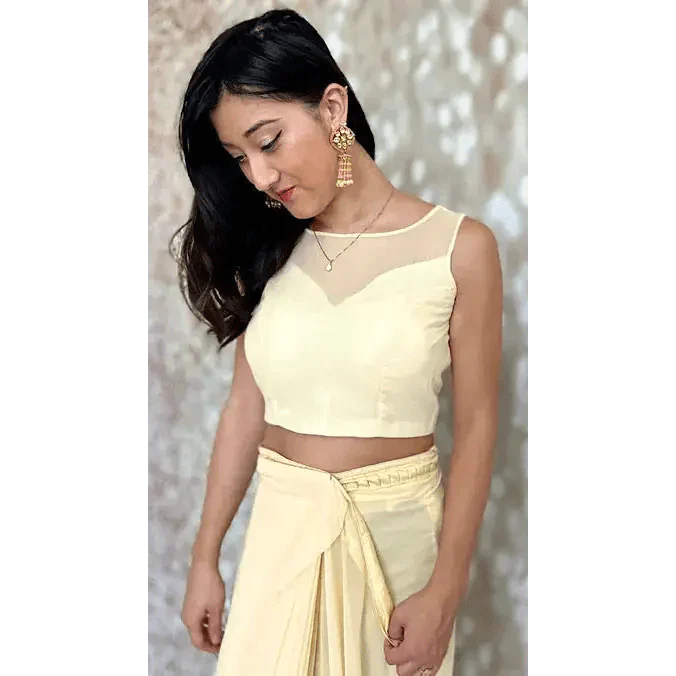 Pastel Yellow Pre-Pleated Saree and designer stitched blouse Swift Saree