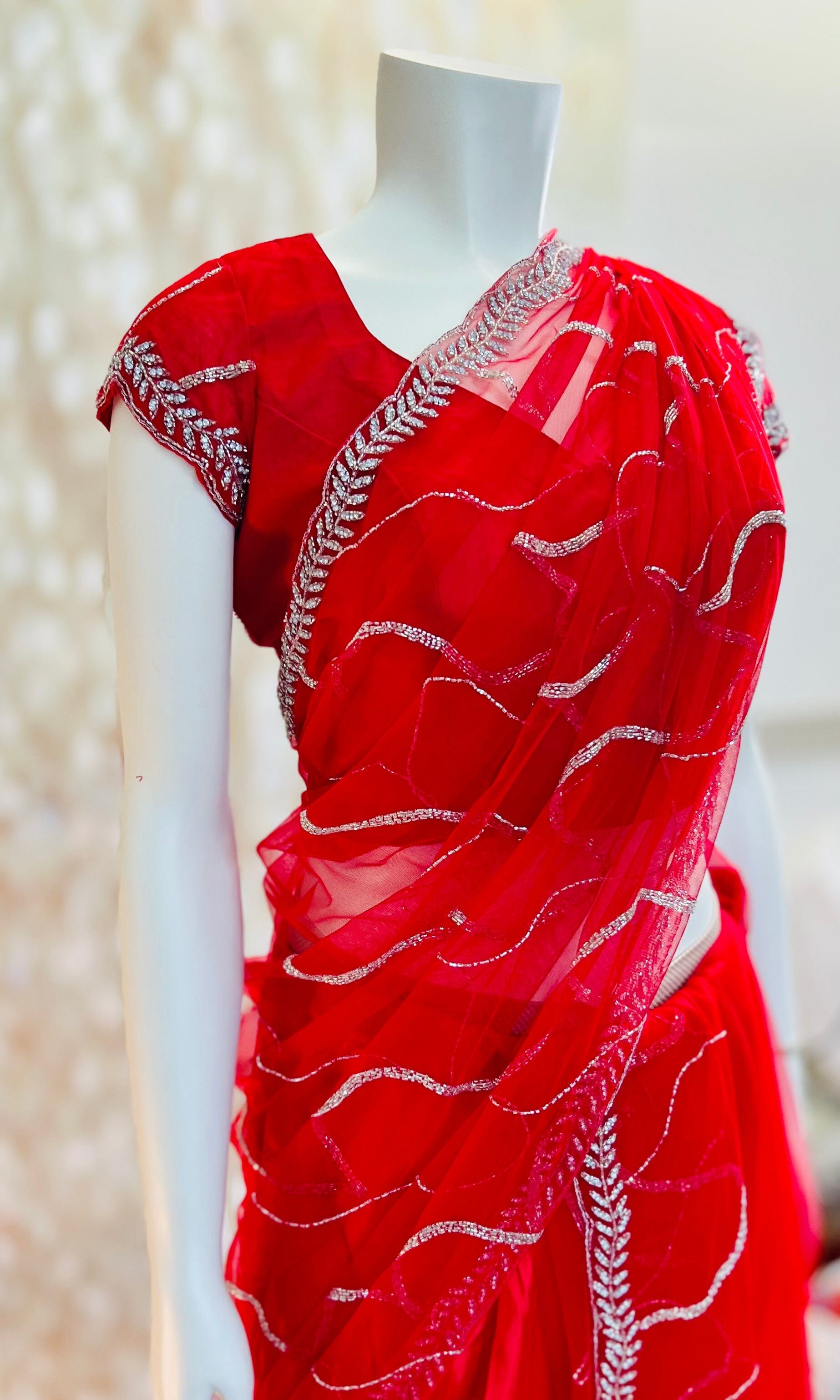 Red lehenga saree in crepe & net base with Stitched Blouse Swift Saree