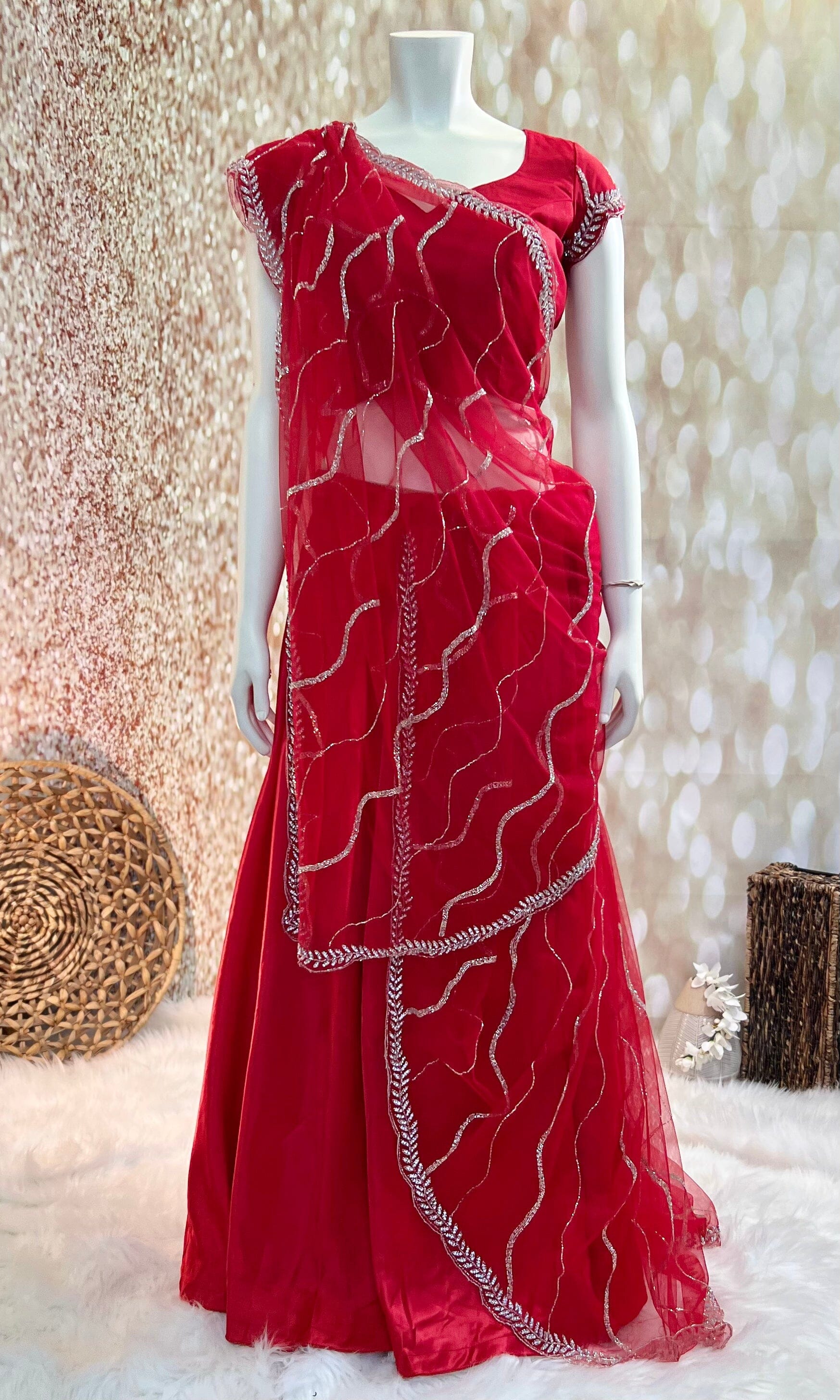 Red lehenga saree in crepe & net base with Stitched Blouse Swift Saree