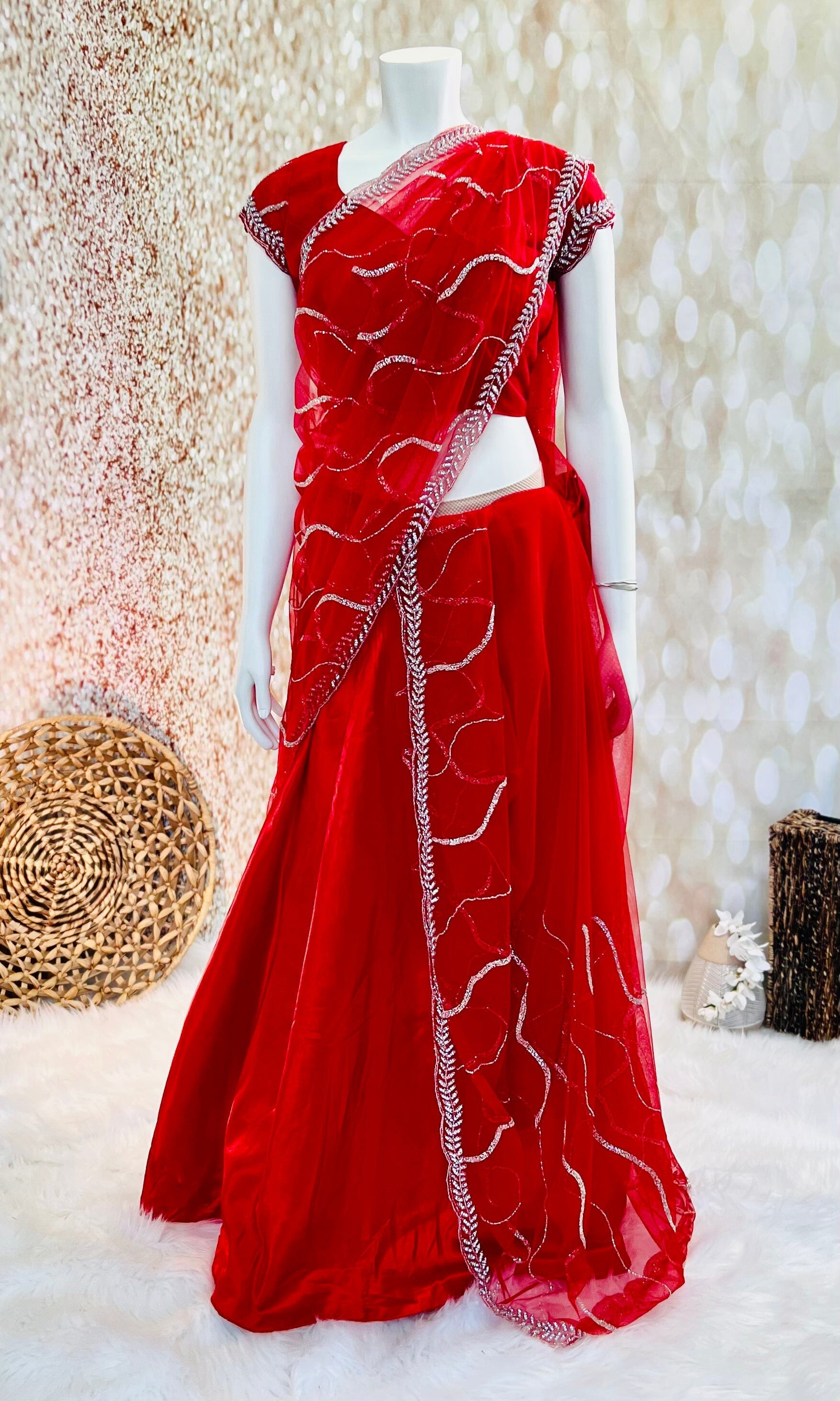 Red lehenga saree in crepe & net base with Stitched Blouse Swift Saree