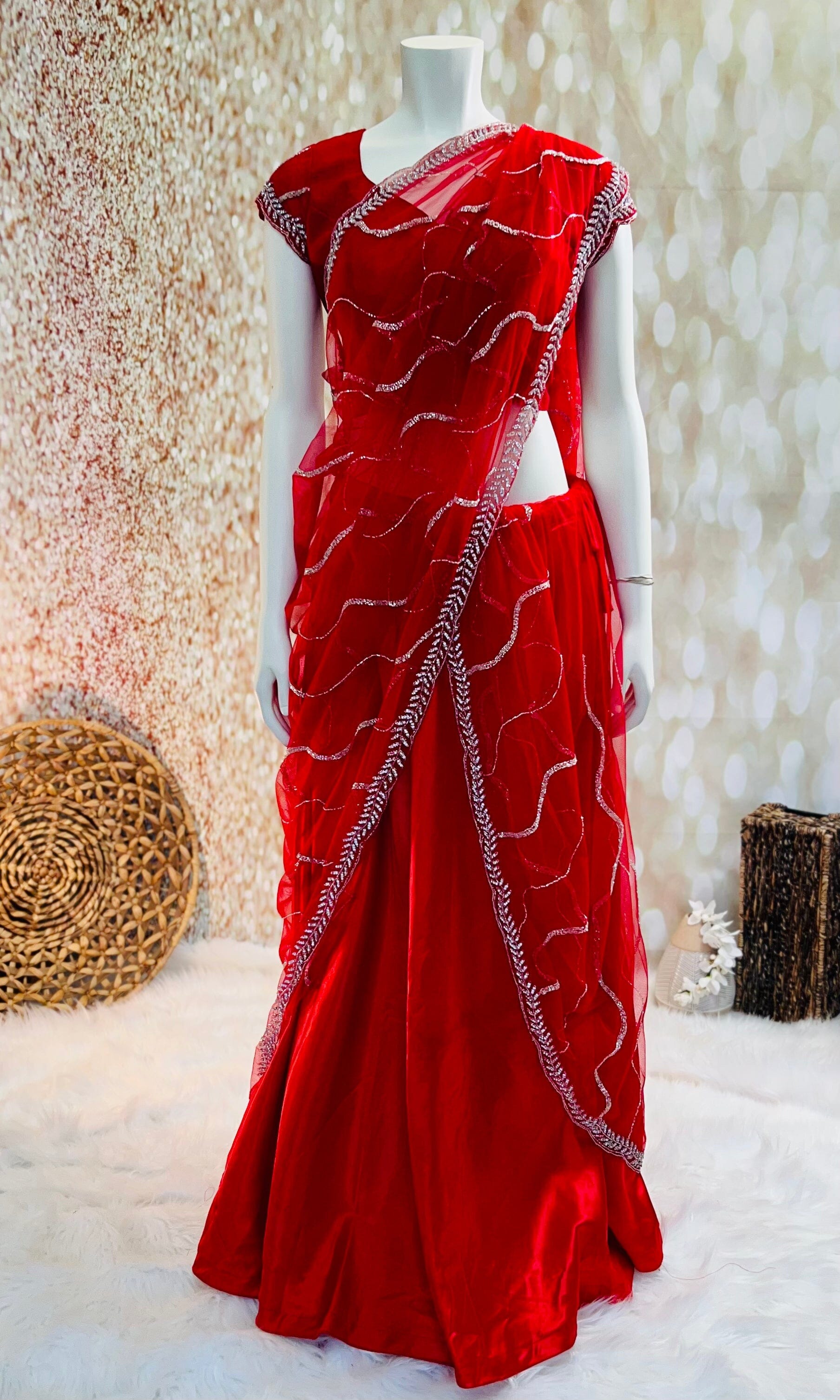 Red lehenga saree in crepe & net base with Stitched Blouse Swift Saree