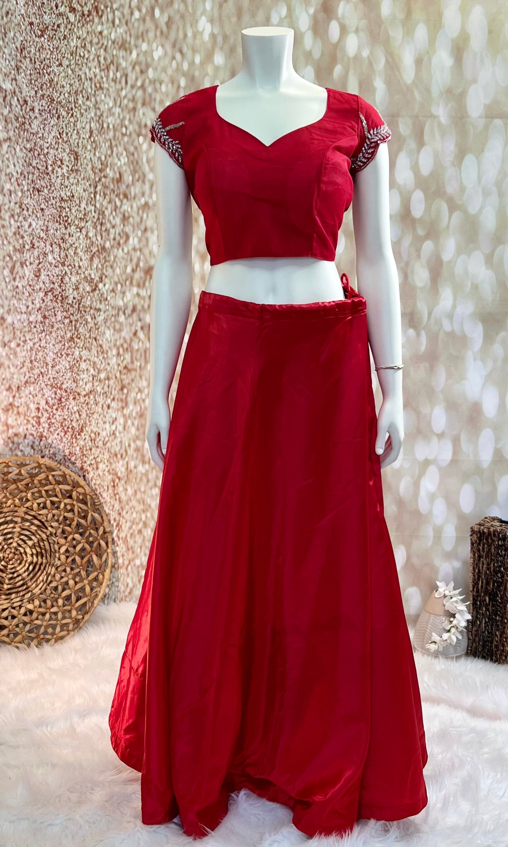 Red lehenga saree in crepe & net base with Stitched Blouse Swift Saree